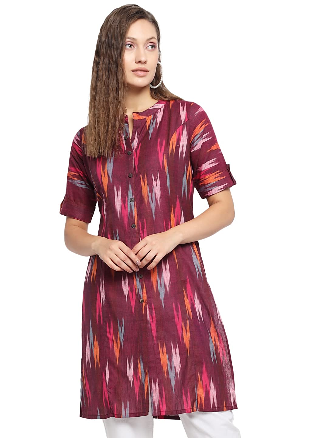 Vastraa Fusion Women's Pure Cotton Handloom Ikat Work Kurta/Kurti