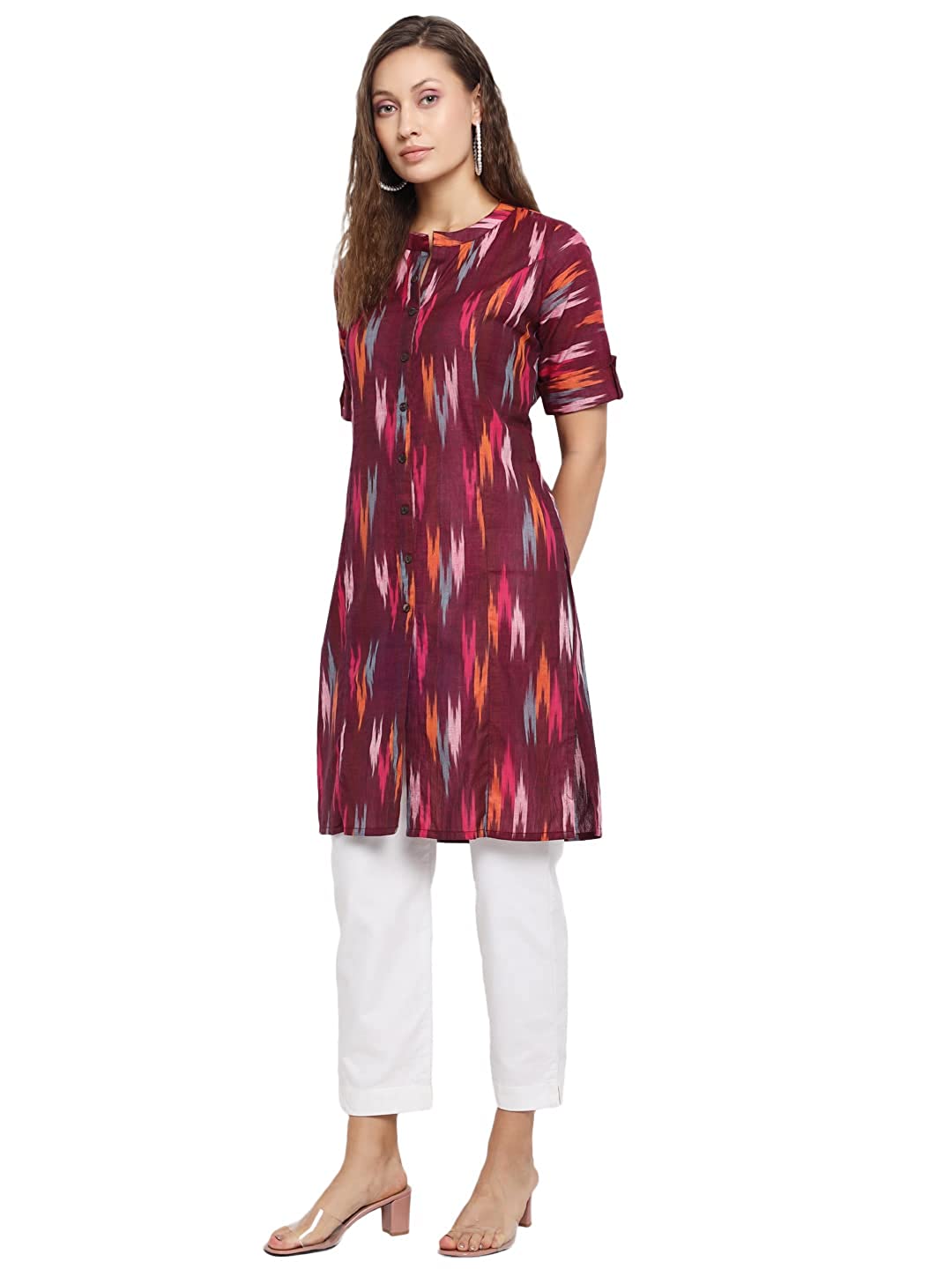 Vastraa Fusion Women's Pure Cotton Handloom Ikat Work Kurta/Kurti