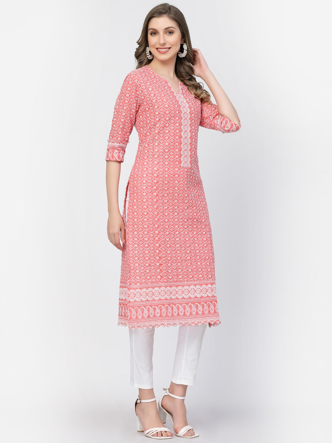 Designer Latest Hand Embroidered Lucknowi Chikankari Embroidery Cotton Kurta Kurti for Women