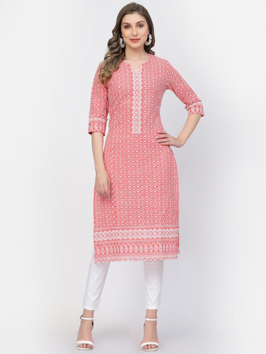 Designer Latest Hand Embroidered Lucknowi Chikankari Embroidery Cotton Kurta Kurti for Women