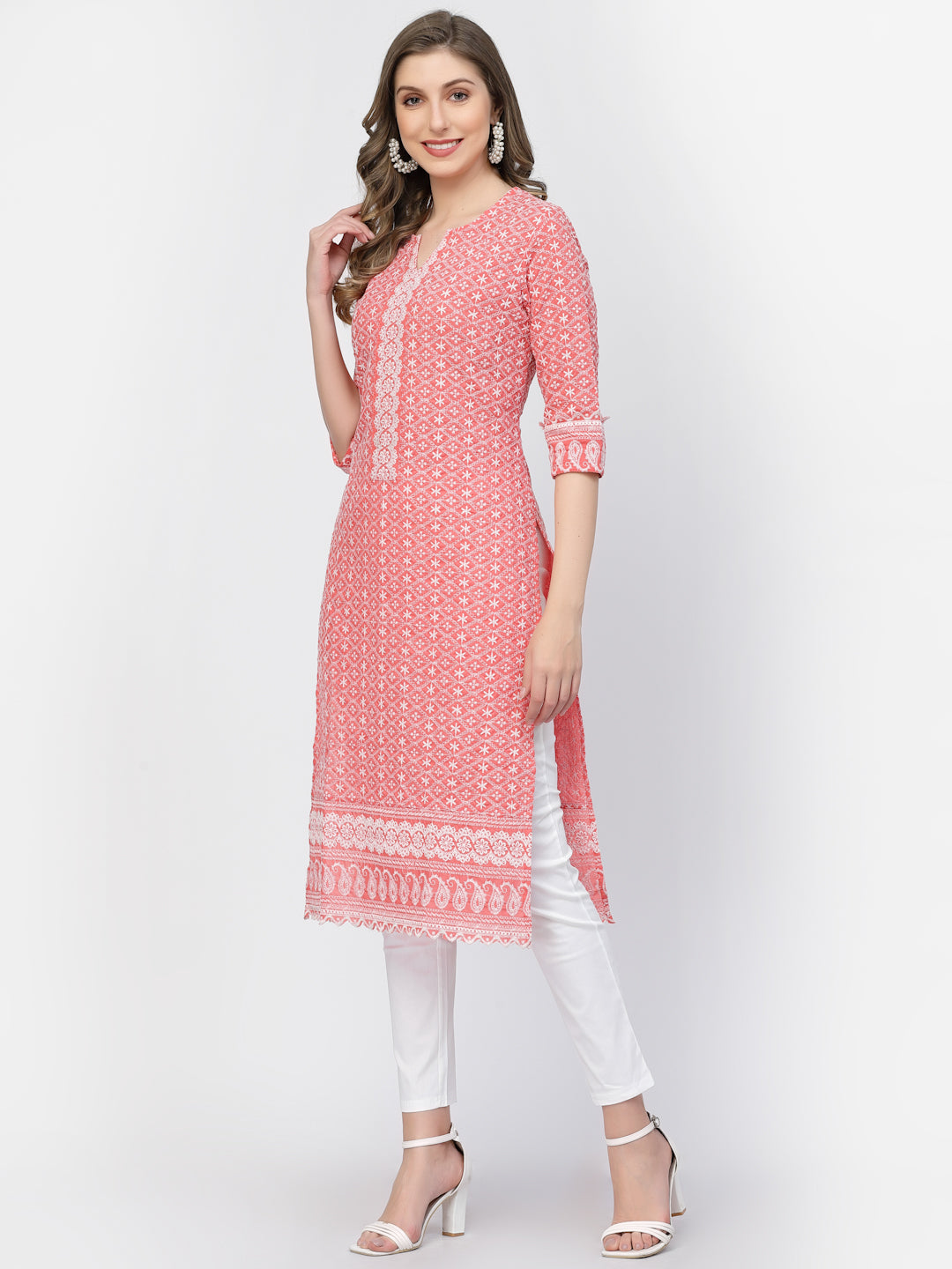 Designer Latest Hand Embroidered Lucknowi Chikankari Embroidery Cotton Kurta Kurti for Women