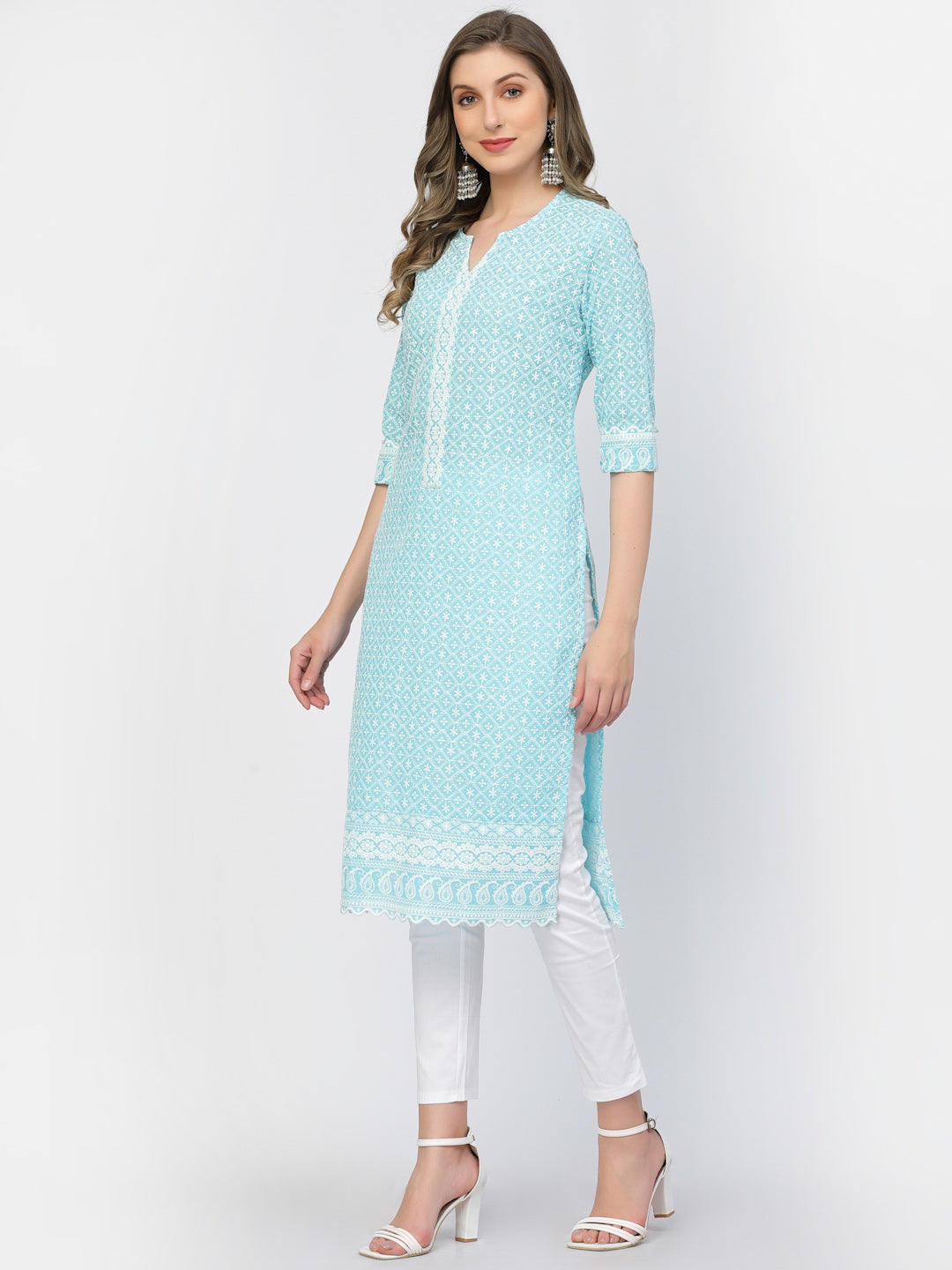 Designer Latest Hand Embroidered Lucknowi Chikankari Embroidery Cotton Kurta Kurti for Women