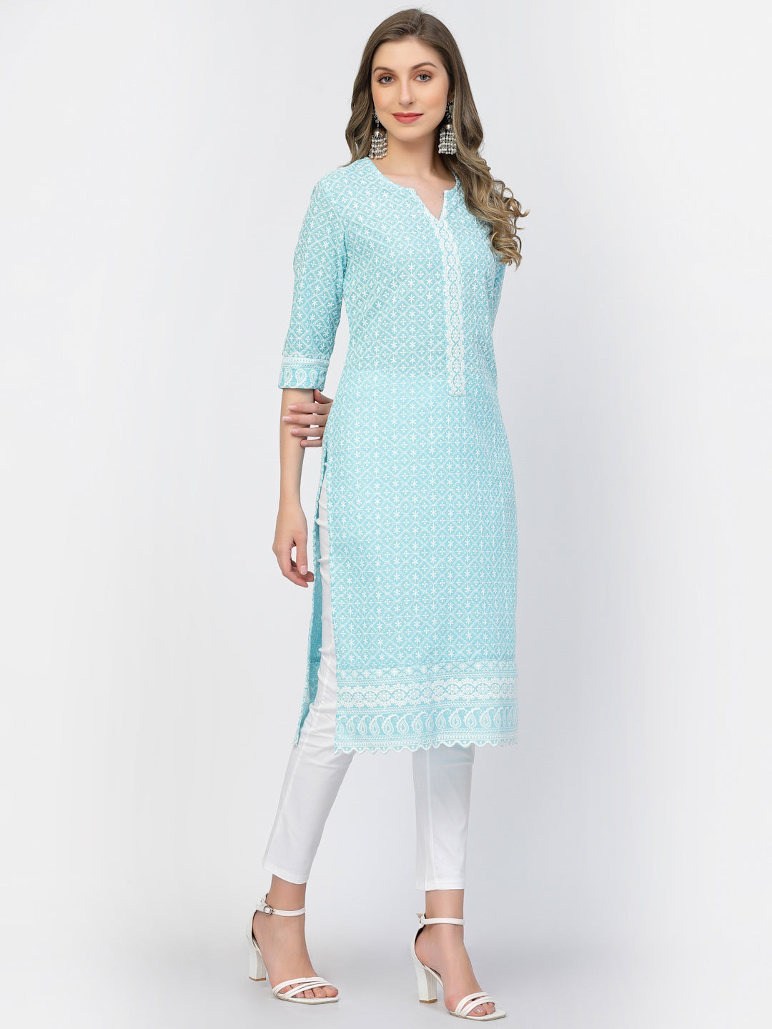 Designer Latest Hand Embroidered Lucknowi Chikankari Embroidery Cotton Kurta Kurti for Women