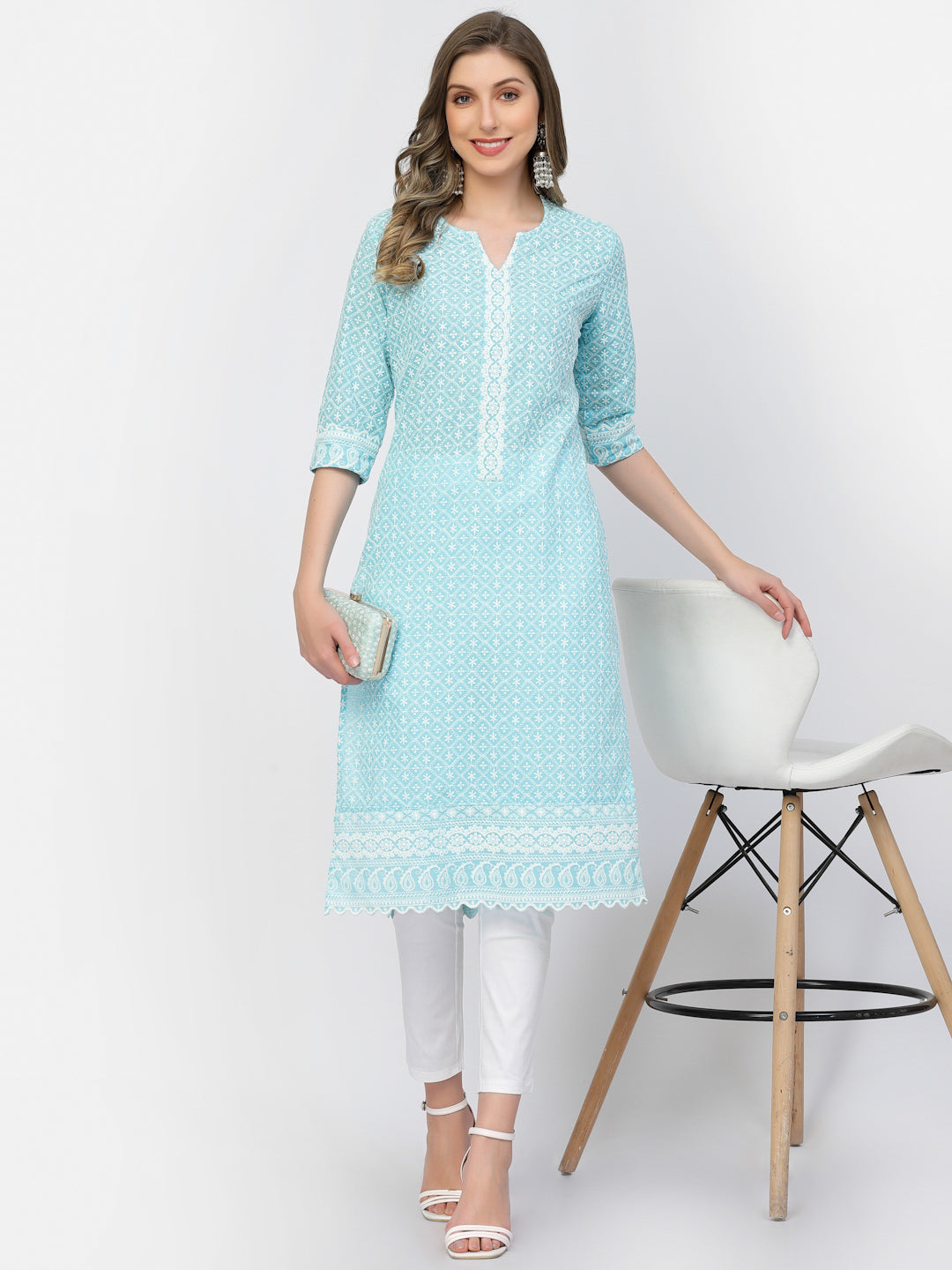 Designer Latest Hand Embroidered Lucknowi Chikankari Embroidery Cotton Kurta Kurti for Women