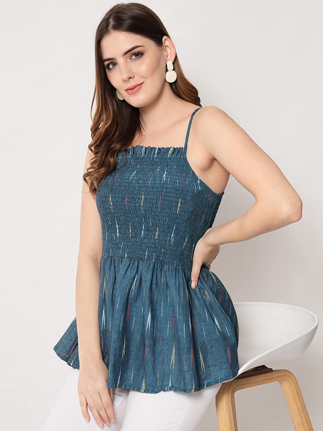 Vastraa Fusion Women's Cotton Regular Ikat Handloom Bobbin Elastic Top/Shirt