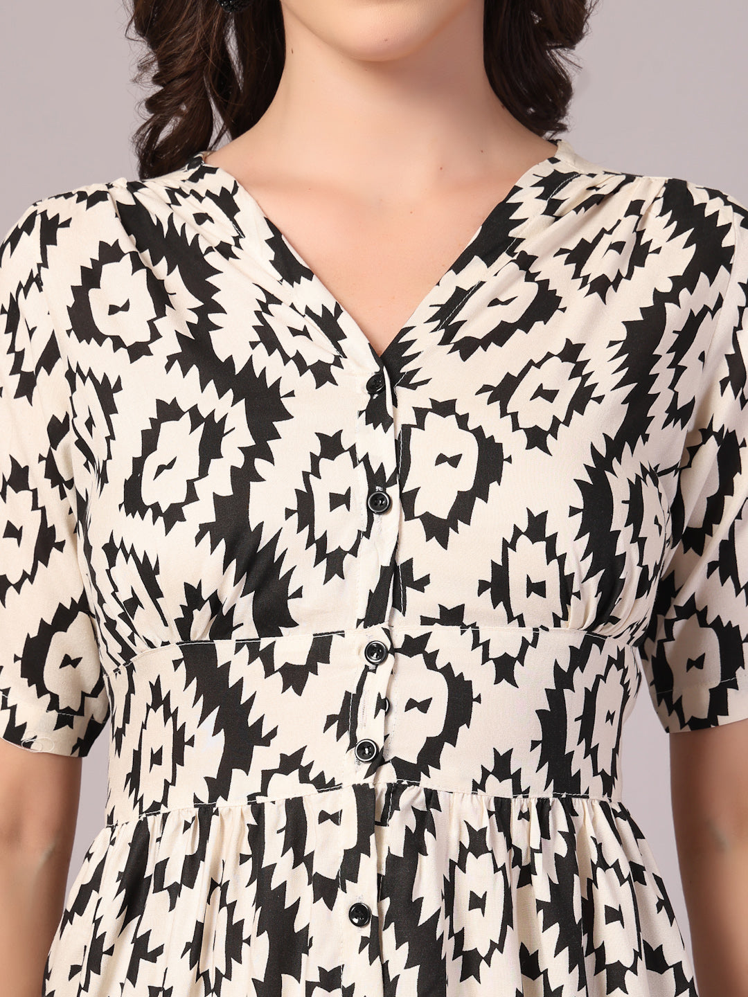 Vastraa Fusion Women's Rayon Black & White Printed Midi Flared Dress for Women