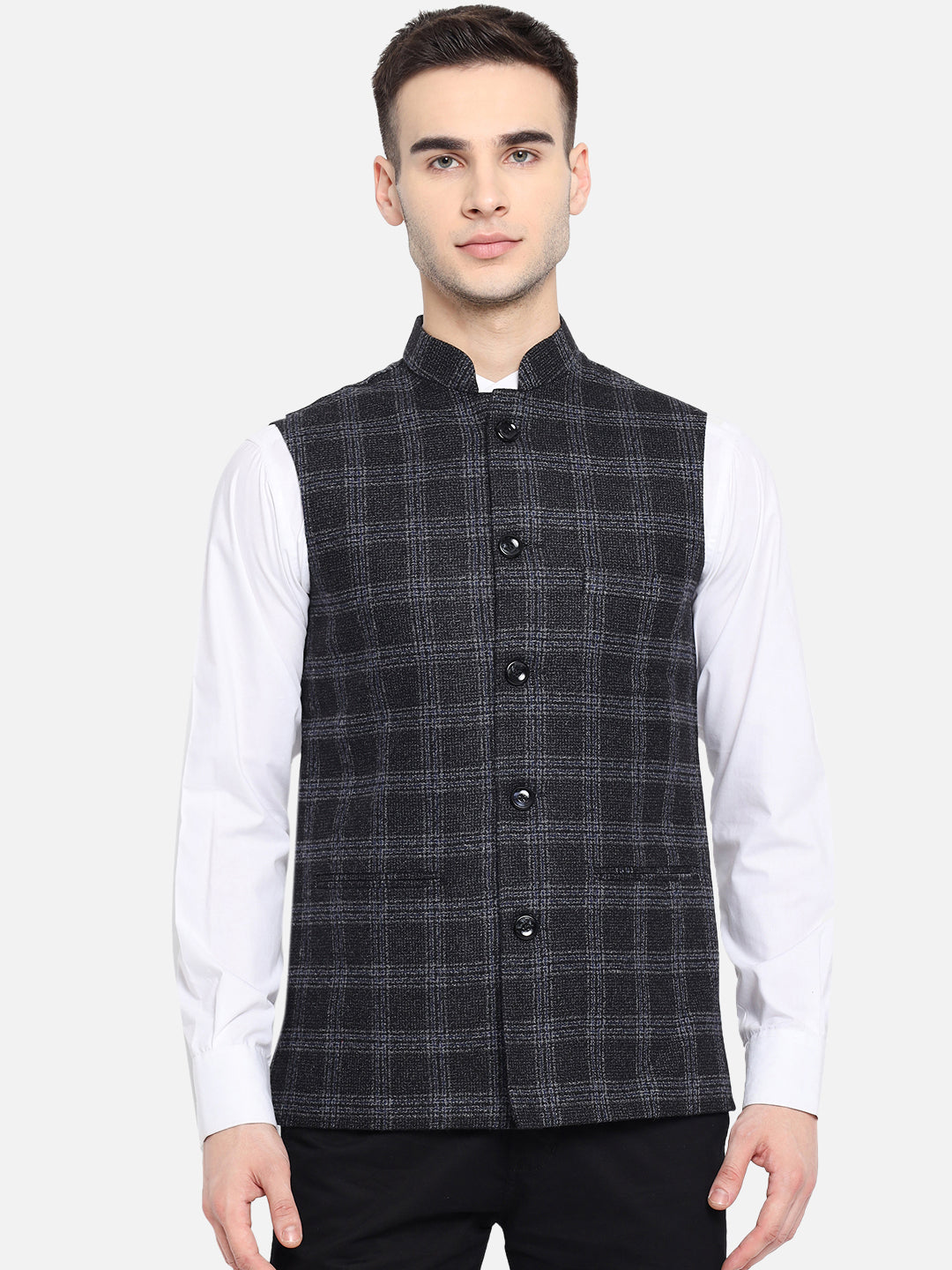 Vastraa Fusion Modi Jacket Waistcoat Checks Pattern Woolen Nehru Jacket