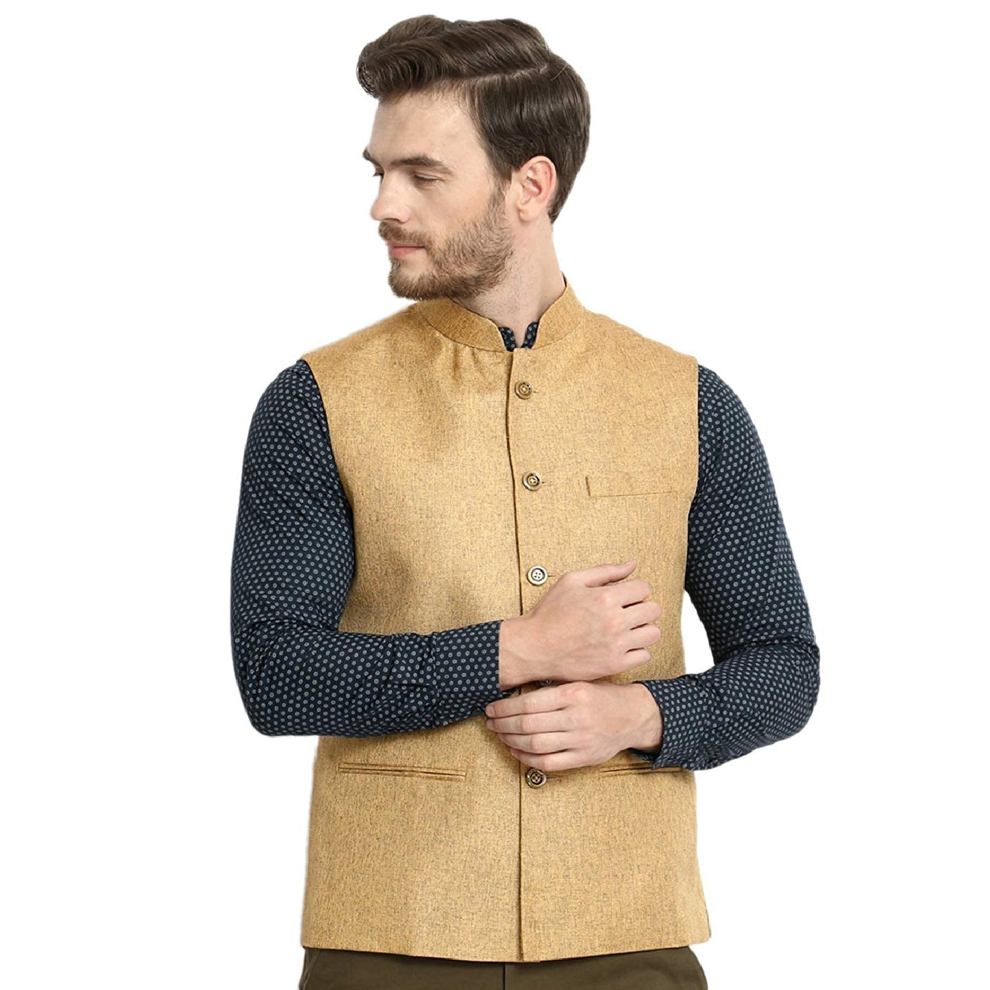 Vastraa Fusion Men's Indian Traditional Cotton Solid Nehru Jacket/Waistcoat