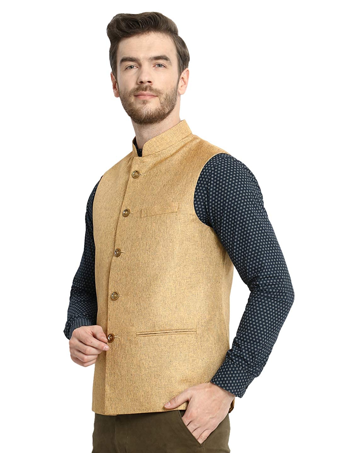 Vastraa Fusion Men's Indian Traditional Cotton Solid Nehru Jacket/Waistcoat