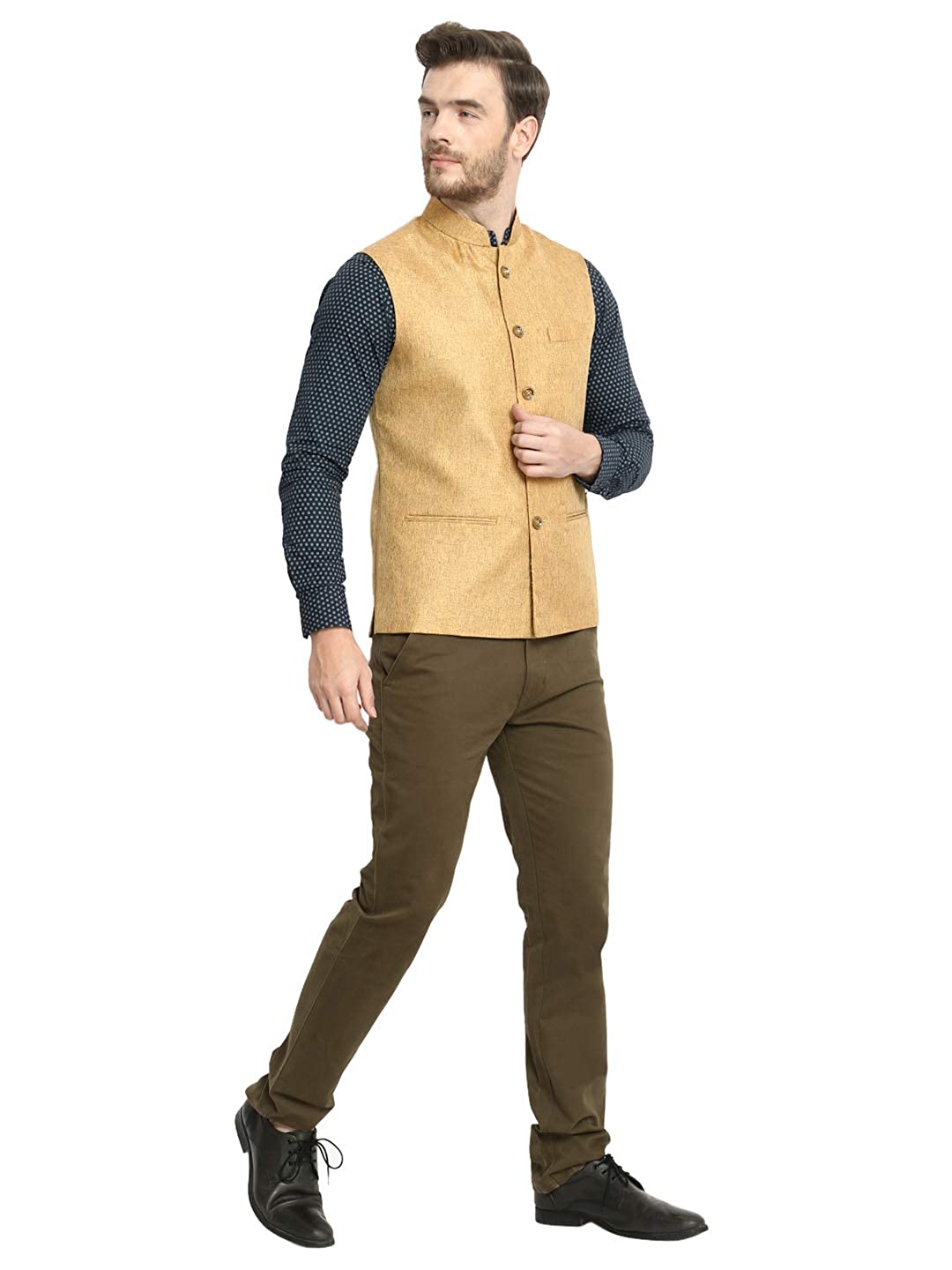 Vastraa Fusion Men's Indian Traditional Cotton Solid Nehru Jacket/Waistcoat