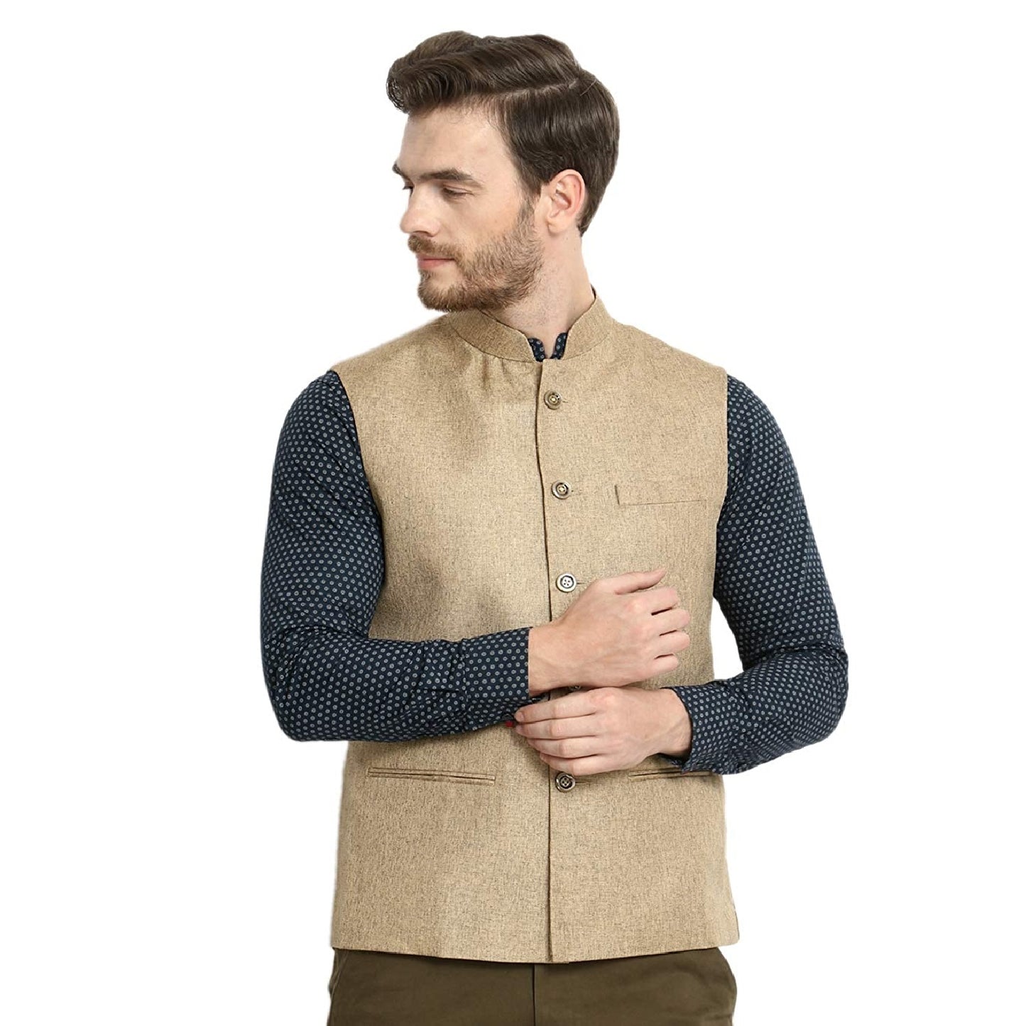 Vastraa Fusion Men's Indian Traditional Cotton Solid Nehru Jacket/Waistcoat