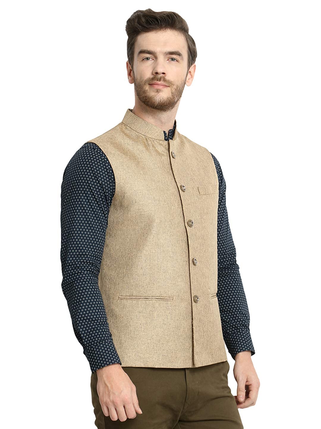 Vastraa Fusion Men's Indian Traditional Cotton Solid Nehru Jacket/Waistcoat