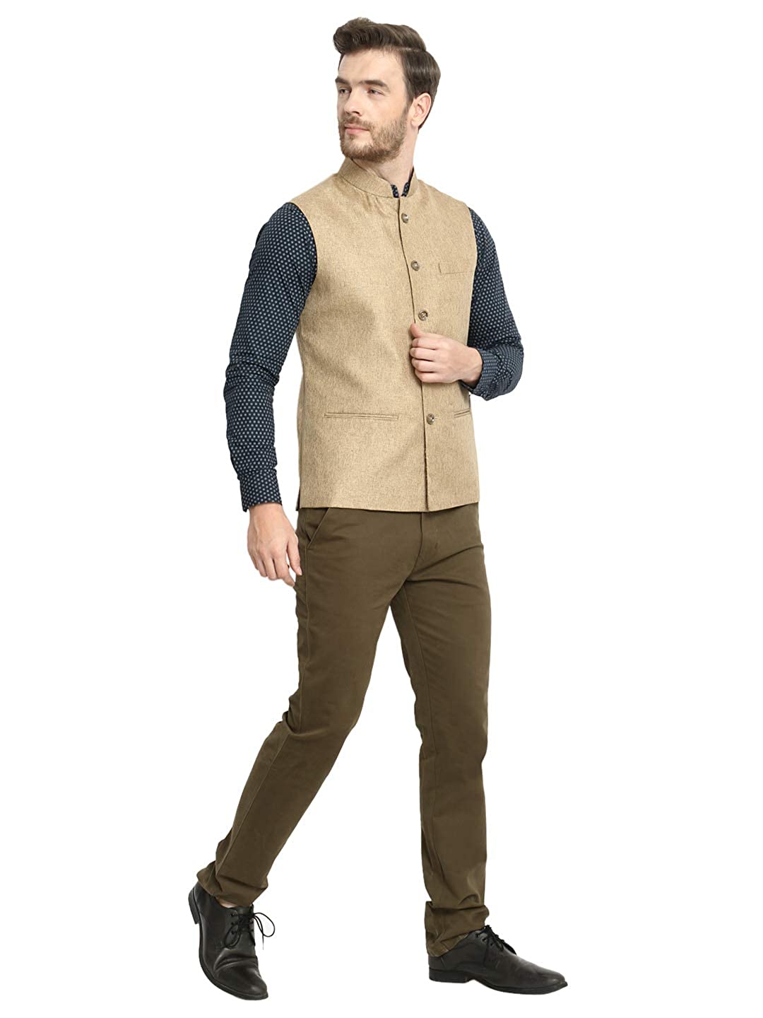 Vastraa Fusion Men's Indian Traditional Cotton Solid Nehru Jacket/Waistcoat