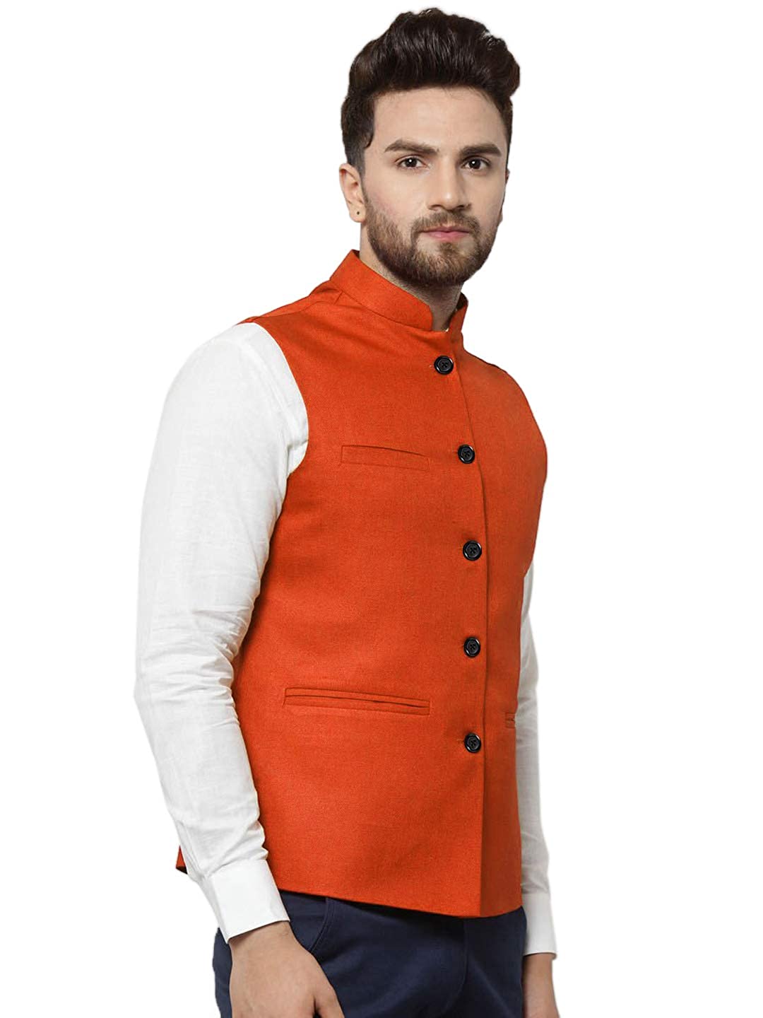 Vastraa Fusion Men's Indian Traditional Cotton Solid Nehru Jacket/Waistcoat