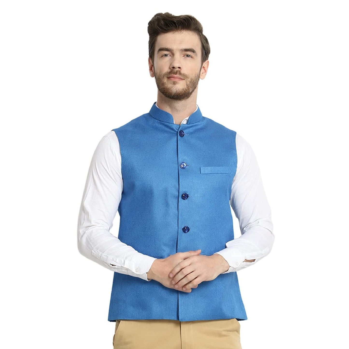 Vastraa Fusion Men's Indian Traditional Cotton Solid Nehru Jacket/Waistcoat