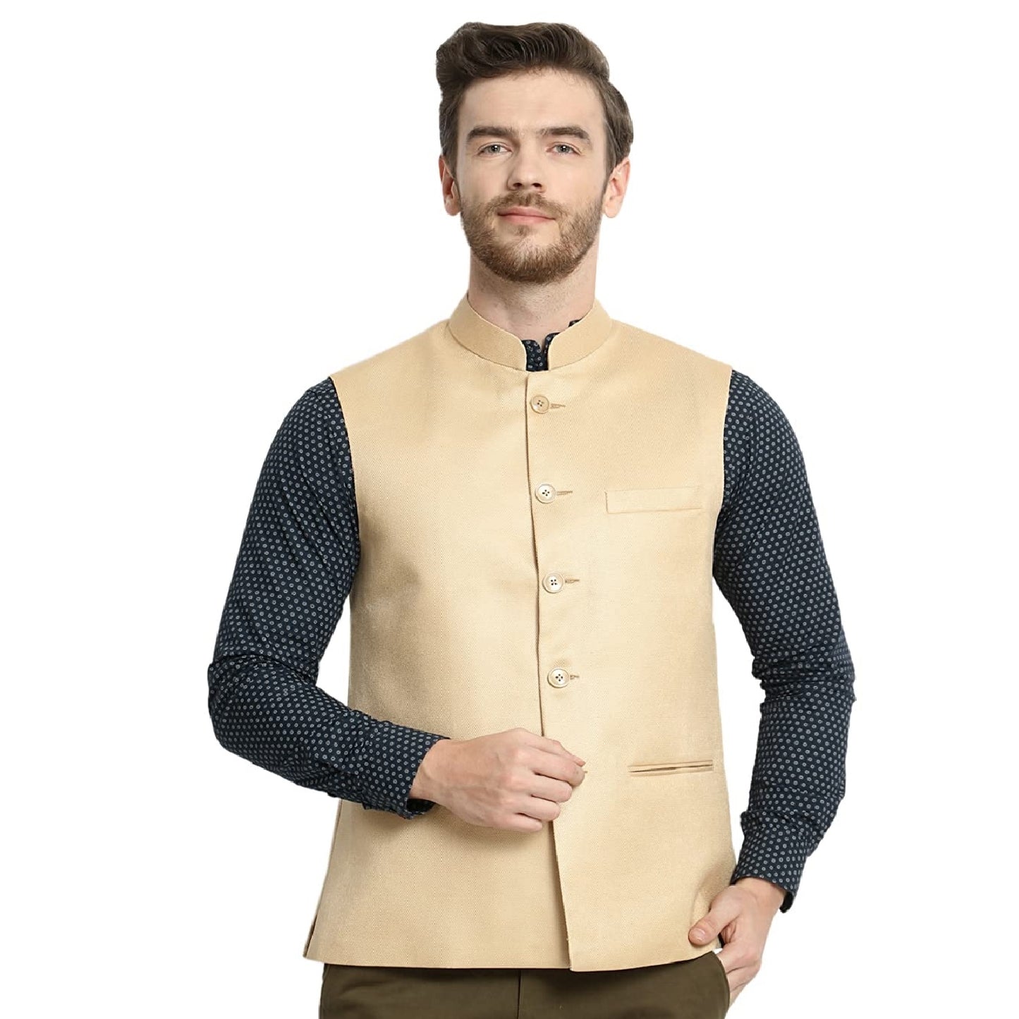 Vastraa Fusion Men's Indian Traditional Cotton Solid Nehru Jacket/Waistcoat