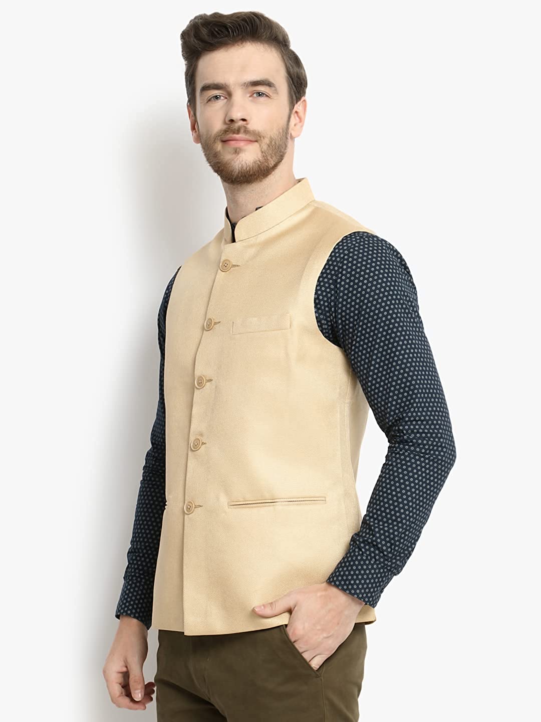 Vastraa Fusion Men's Indian Traditional Cotton Solid Nehru Jacket/Waistcoat