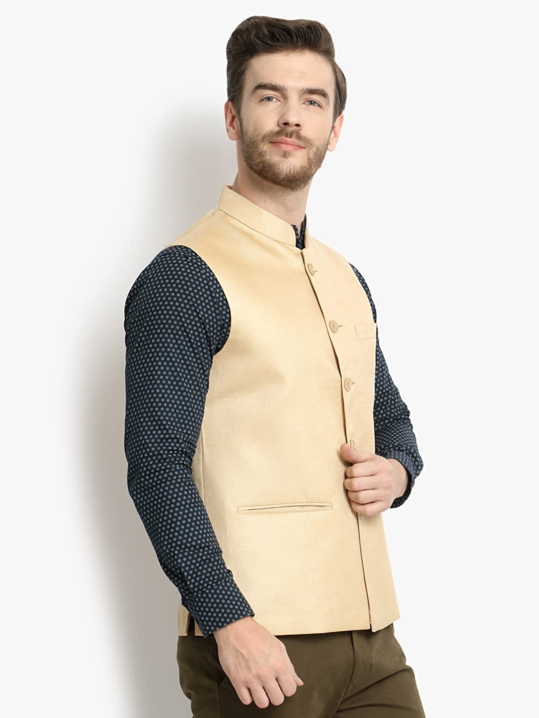 Vastraa Fusion Men's Indian Traditional Cotton Solid Nehru Jacket/Waistcoat