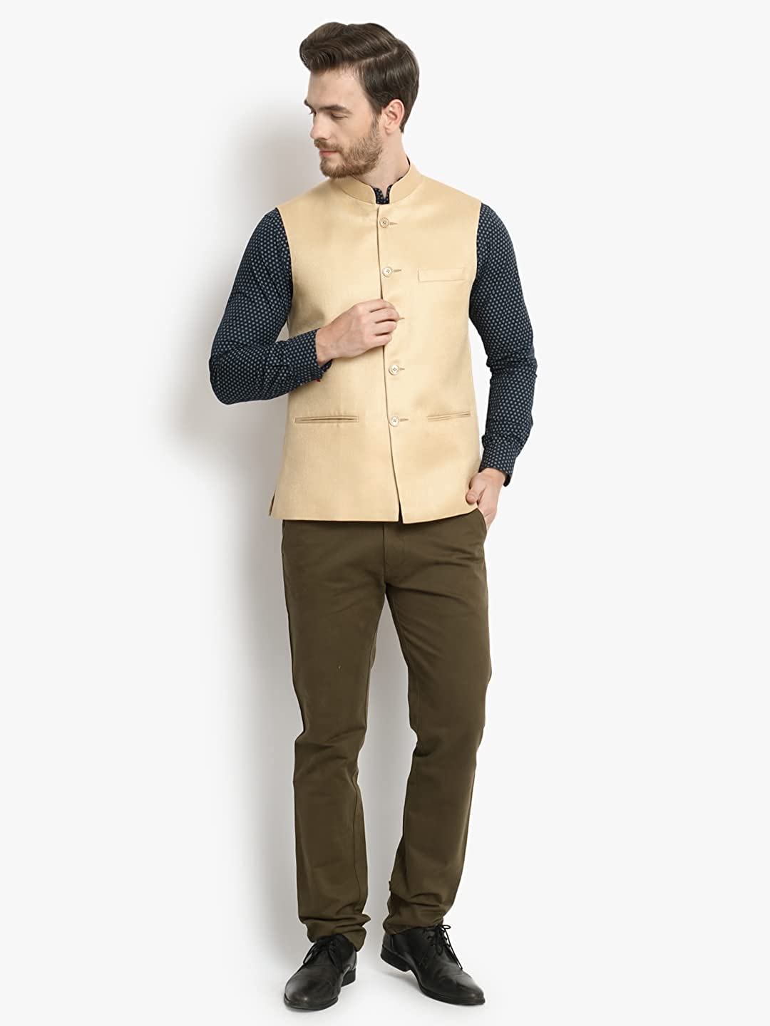 Vastraa Fusion Men's Indian Traditional Cotton Solid Nehru Jacket/Waistcoat