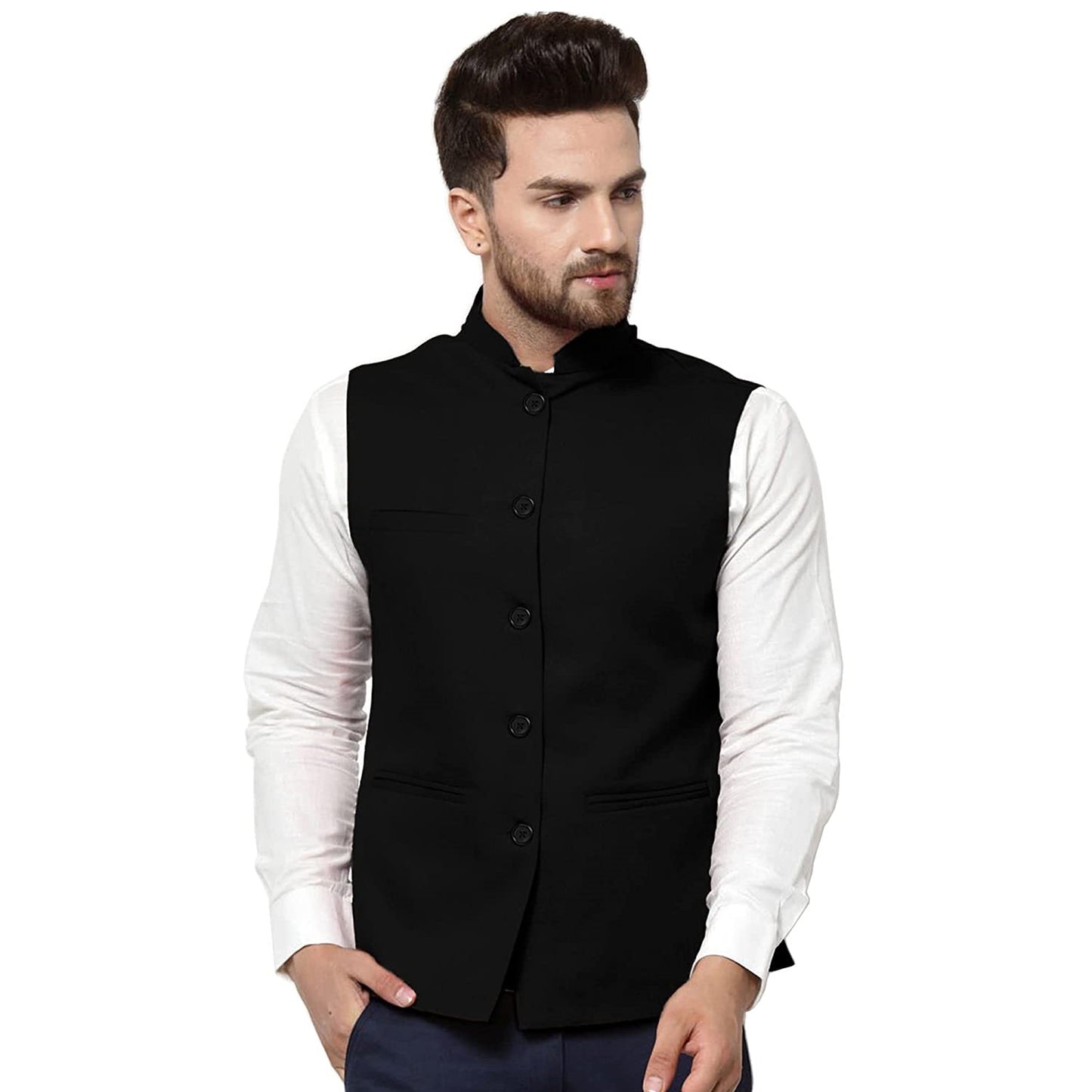 Vastraa Fusion Men's Indian Traditional Cotton Solid Nehru Jacket/Waistcoat