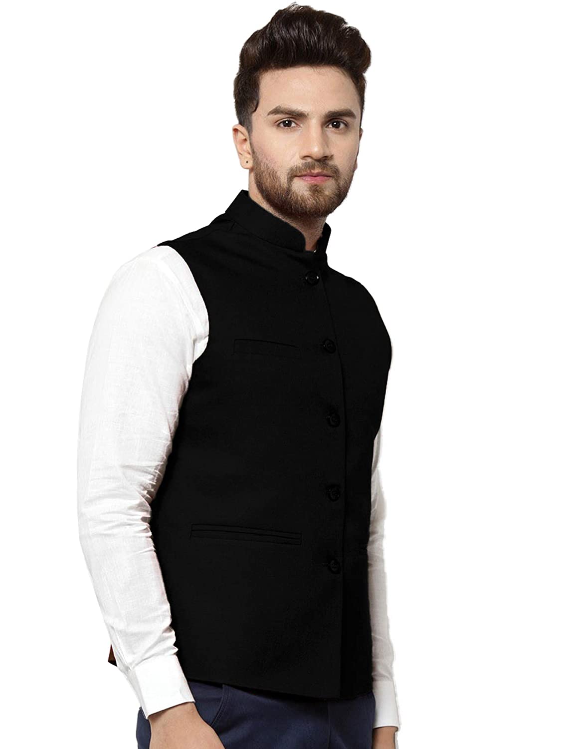 Vastraa Fusion Men's Indian Traditional Cotton Solid Nehru Jacket/Waistcoat