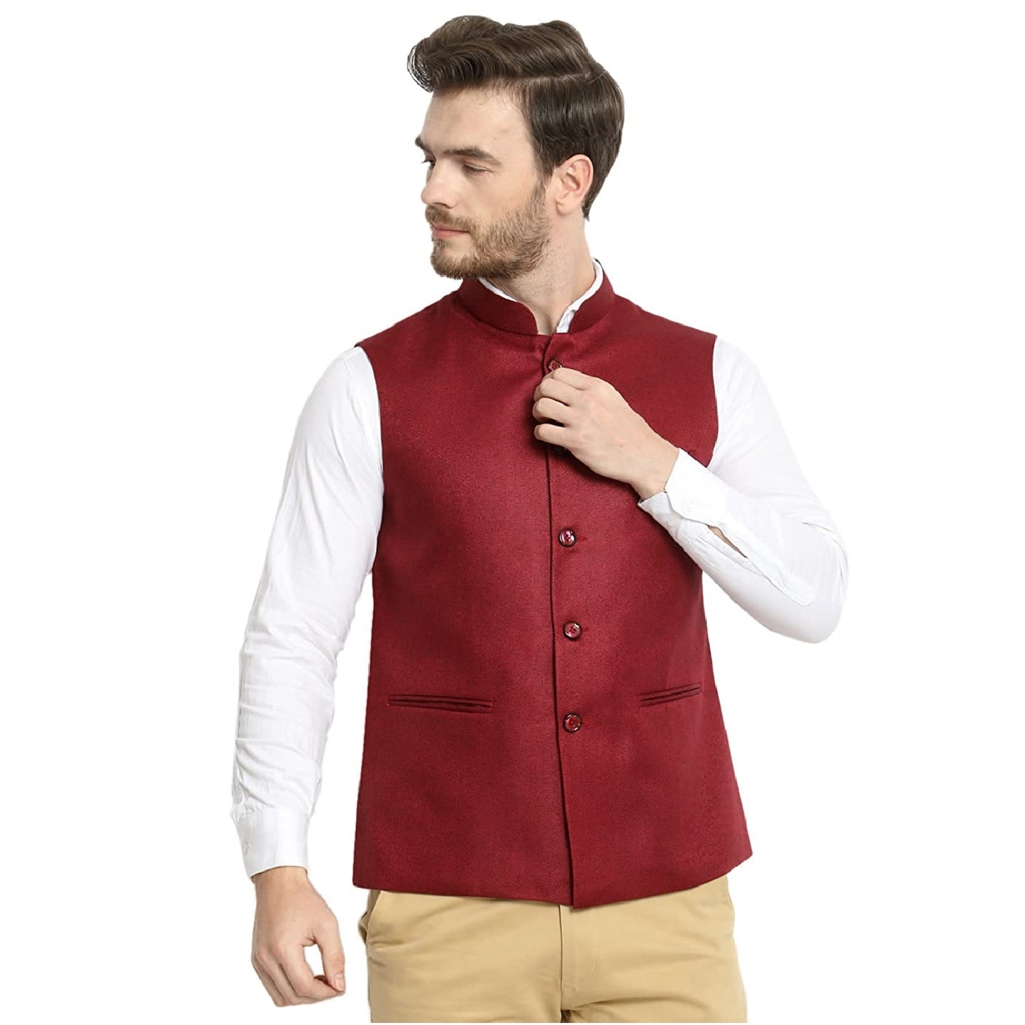 Vastraa Fusion Men's Indian Traditional Cotton Solid Nehru Jacket/Waistcoat