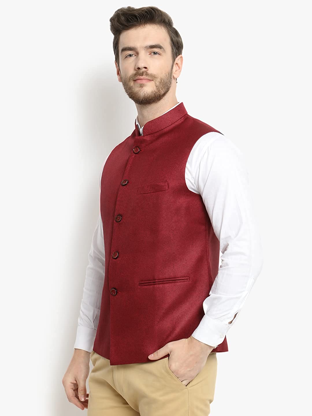 Vastraa Fusion Men's Indian Traditional Cotton Solid Nehru Jacket/Waistcoat