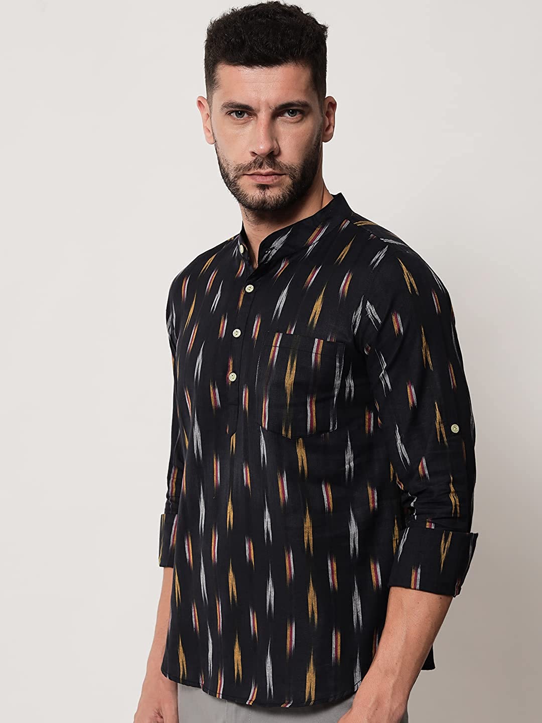 Vastraa Fusion Short Kurta For Men Mix Ikat Pattern Look In Short Kurta