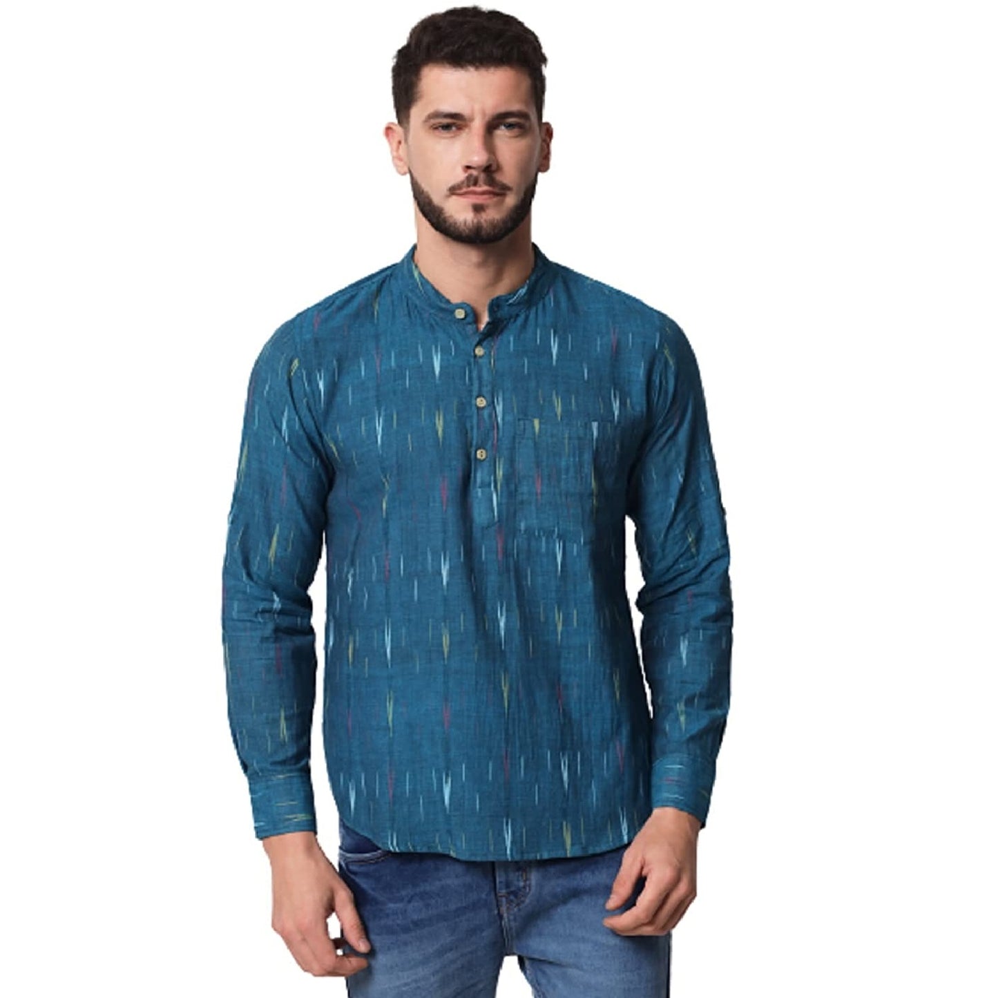 Vastraa Fusion Short Kurta For Men Mix Ikat Pattern Look In Short Kurta