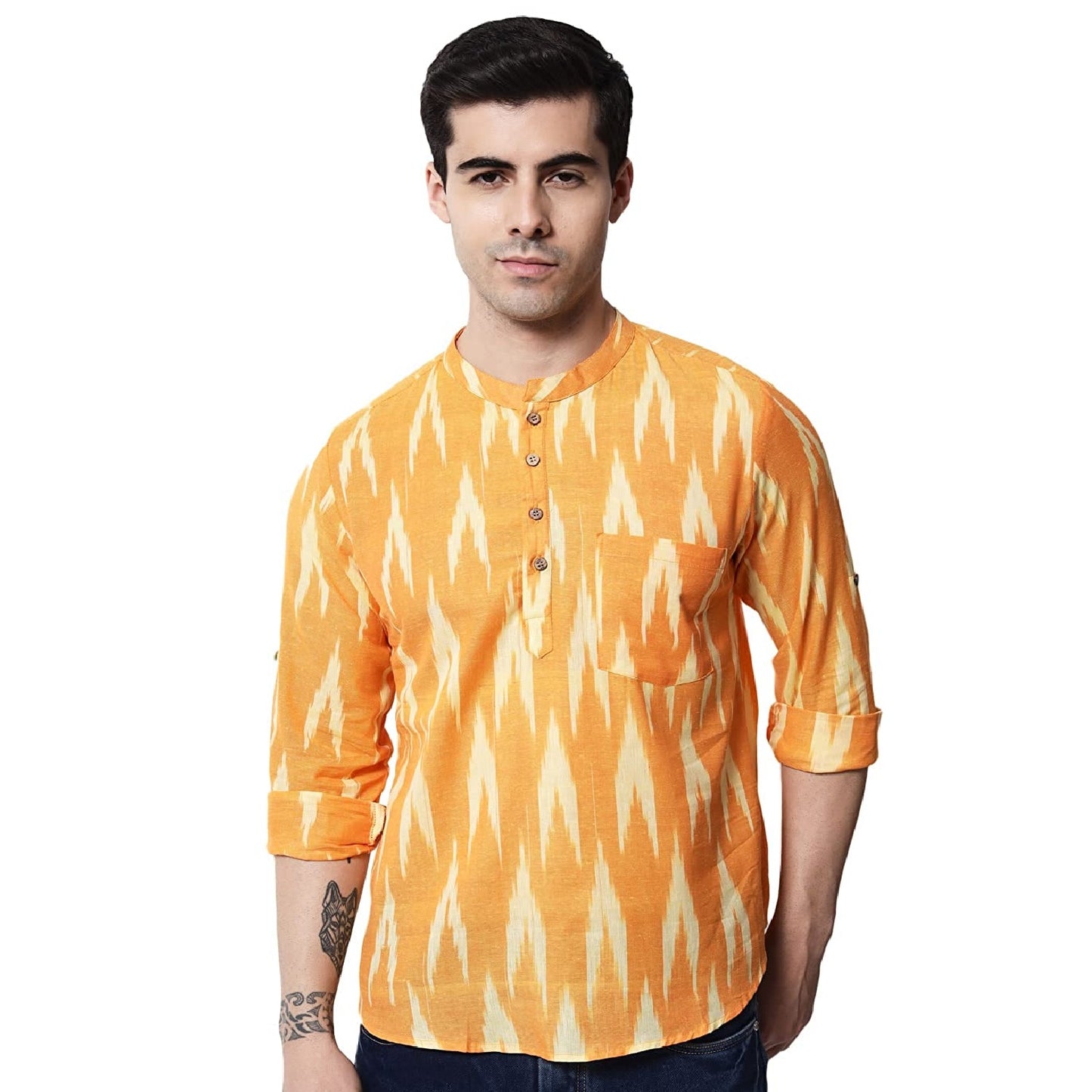 Vastraa Fusion Short Kurta For Men Mix Ikat Pattern Look In Short Kurta