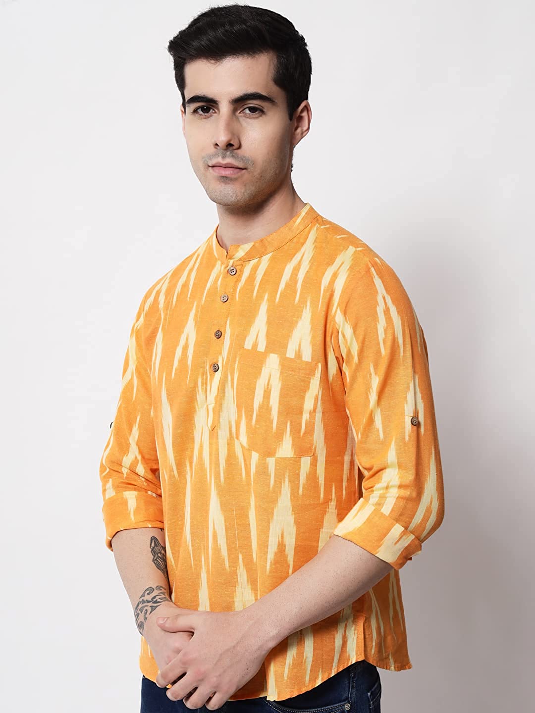 Vastraa Fusion Short Kurta For Men Mix Ikat Pattern Look In Short Kurta