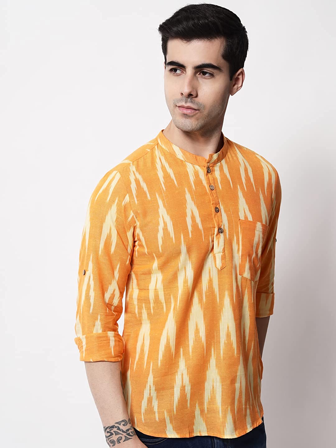 Vastraa Fusion Short Kurta For Men Mix Ikat Pattern Look In Short Kurta