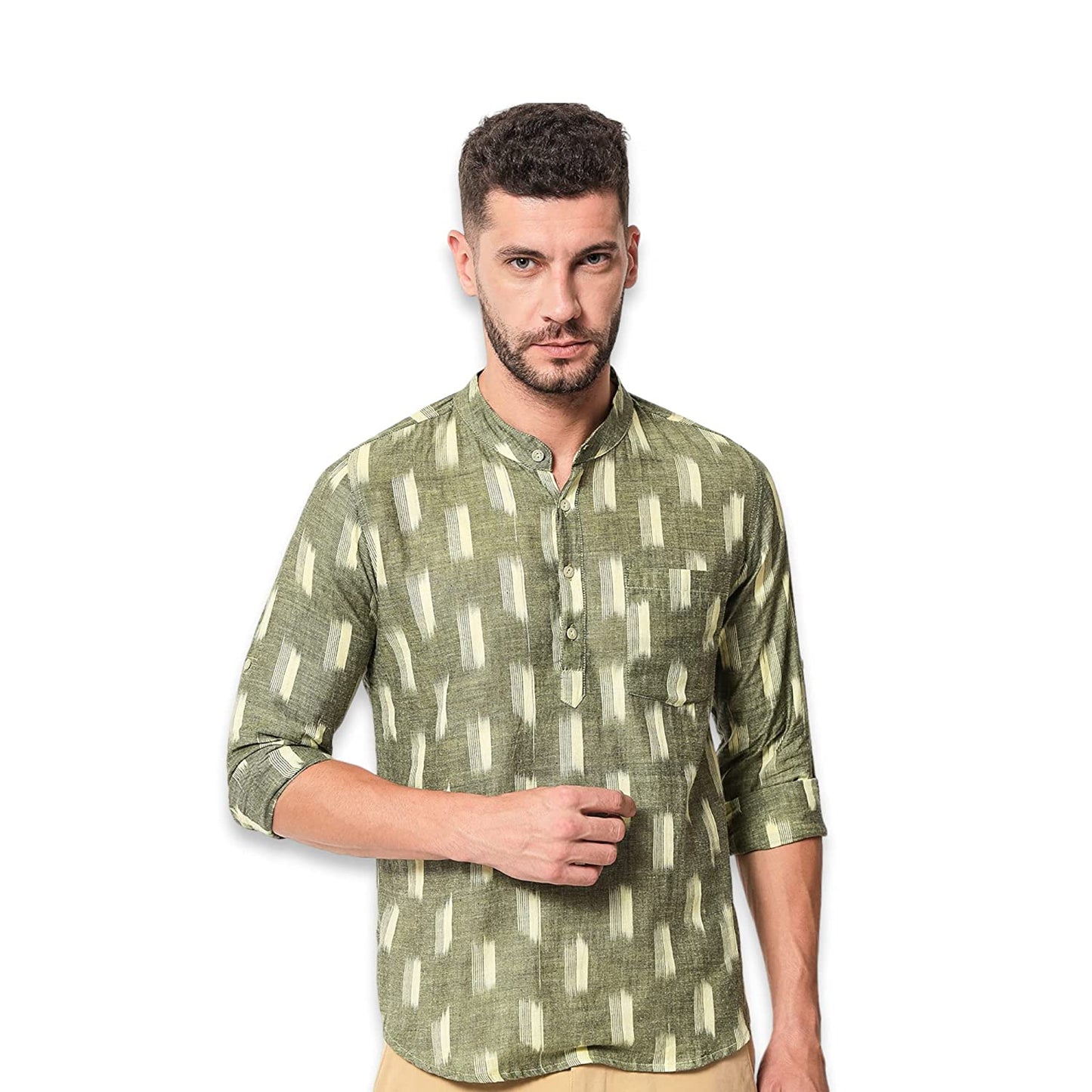 Vastraa Fusion Short Kurta For Men Mix Ikat Pattern Look In Short Kurta