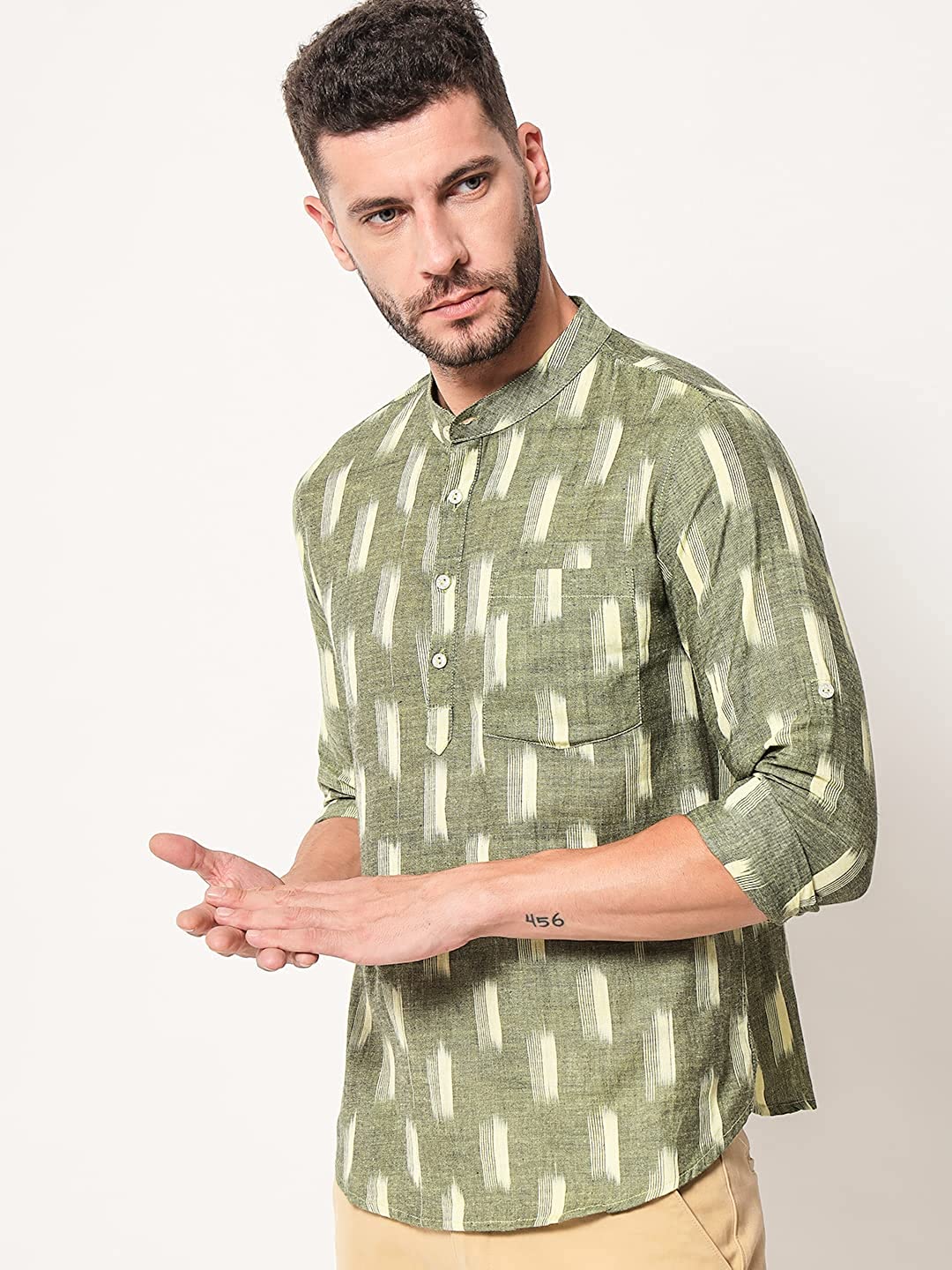 Vastraa Fusion Short Kurta For Men Mix Ikat Pattern Look In Short Kurta