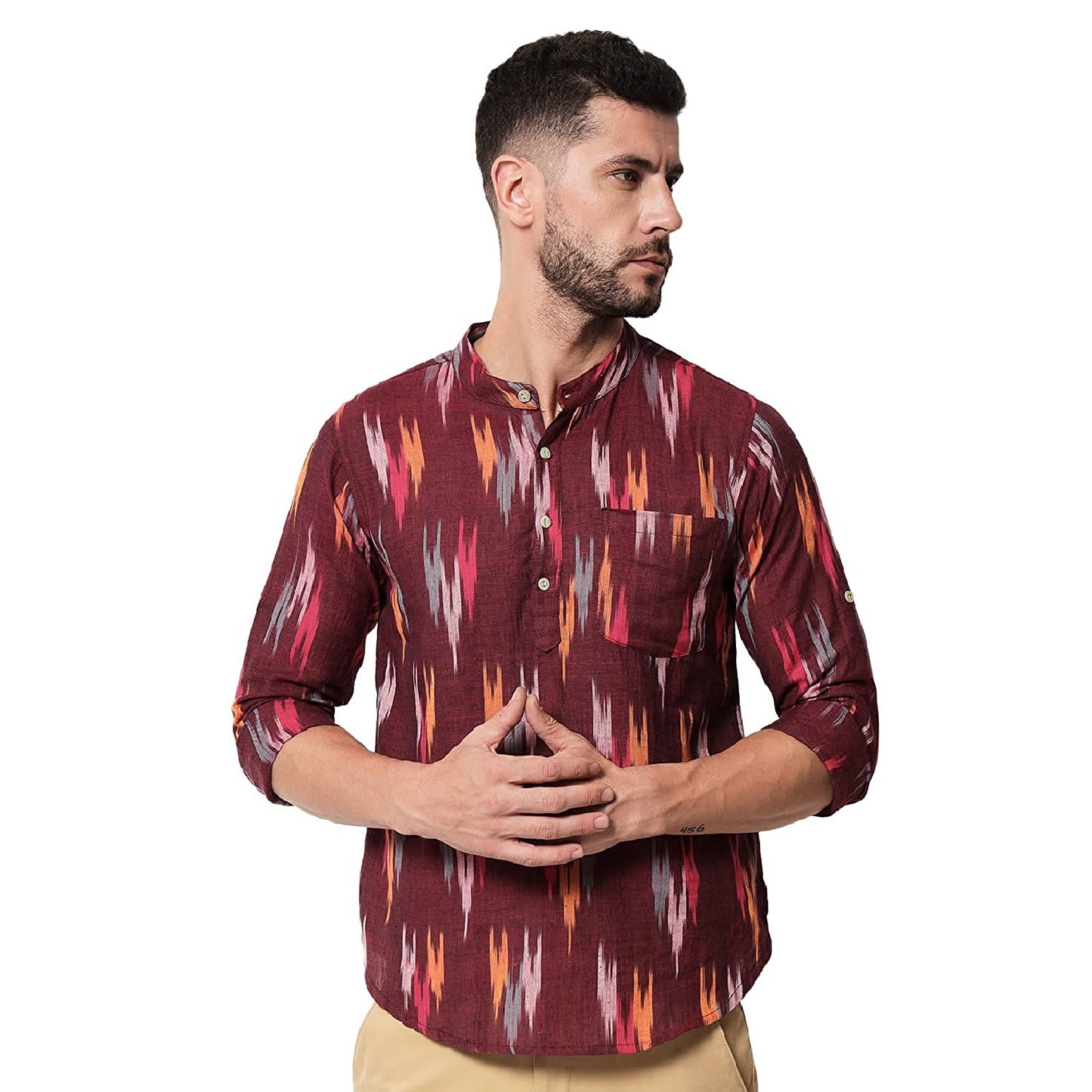 Vastraa Fusion Short Kurta For Men Mix Ikat Pattern Look In Short Kurta