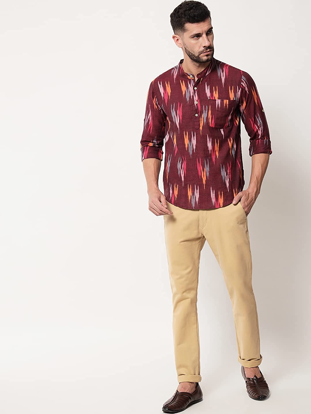 Vastraa Fusion Short Kurta For Men Mix Ikat Pattern Look In Short Kurta