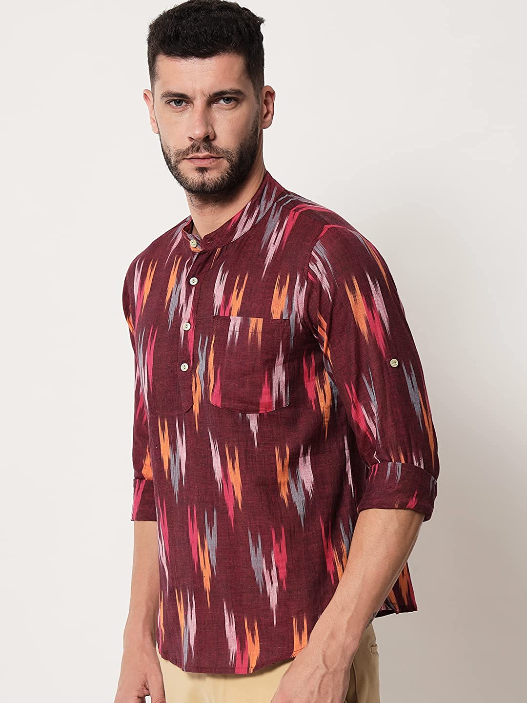 Vastraa Fusion Short Kurta For Men Mix Ikat Pattern Look In Short Kurta