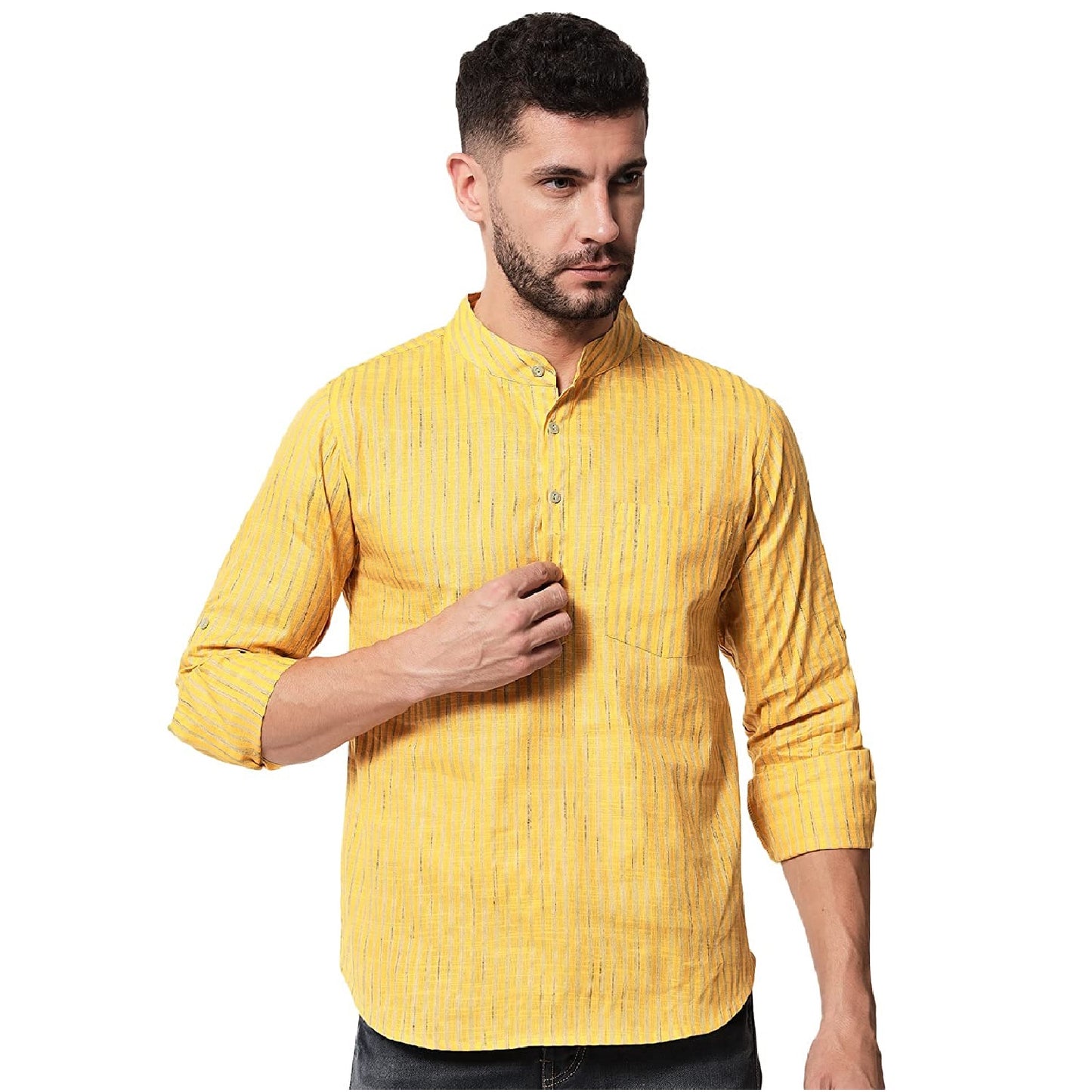 Vastraa Fusion Men's Gold Line Handloom Weaving Pure Cotton Short Kurta, Round Collar, Full Sleeves, Wooden Button Kurta, Ethnic Wear