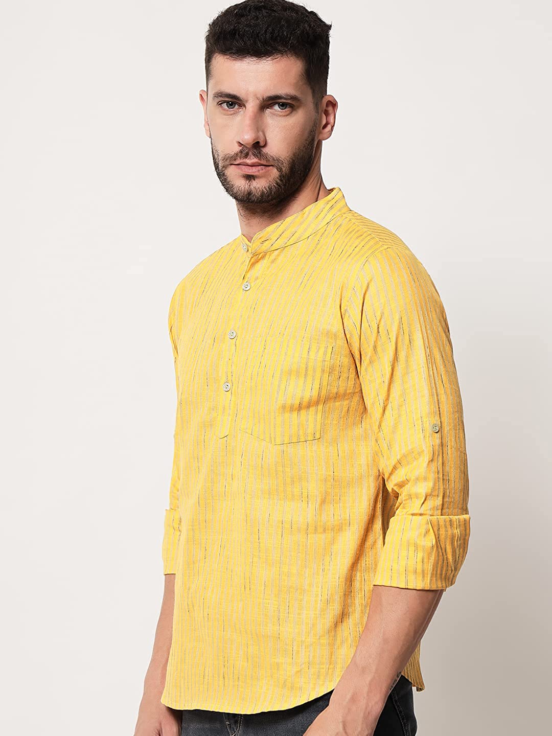 Vastraa Fusion Men's Gold Line Handloom Weaving Pure Cotton Short Kurta, Round Collar, Full Sleeves, Wooden Button Kurta, Ethnic Wear