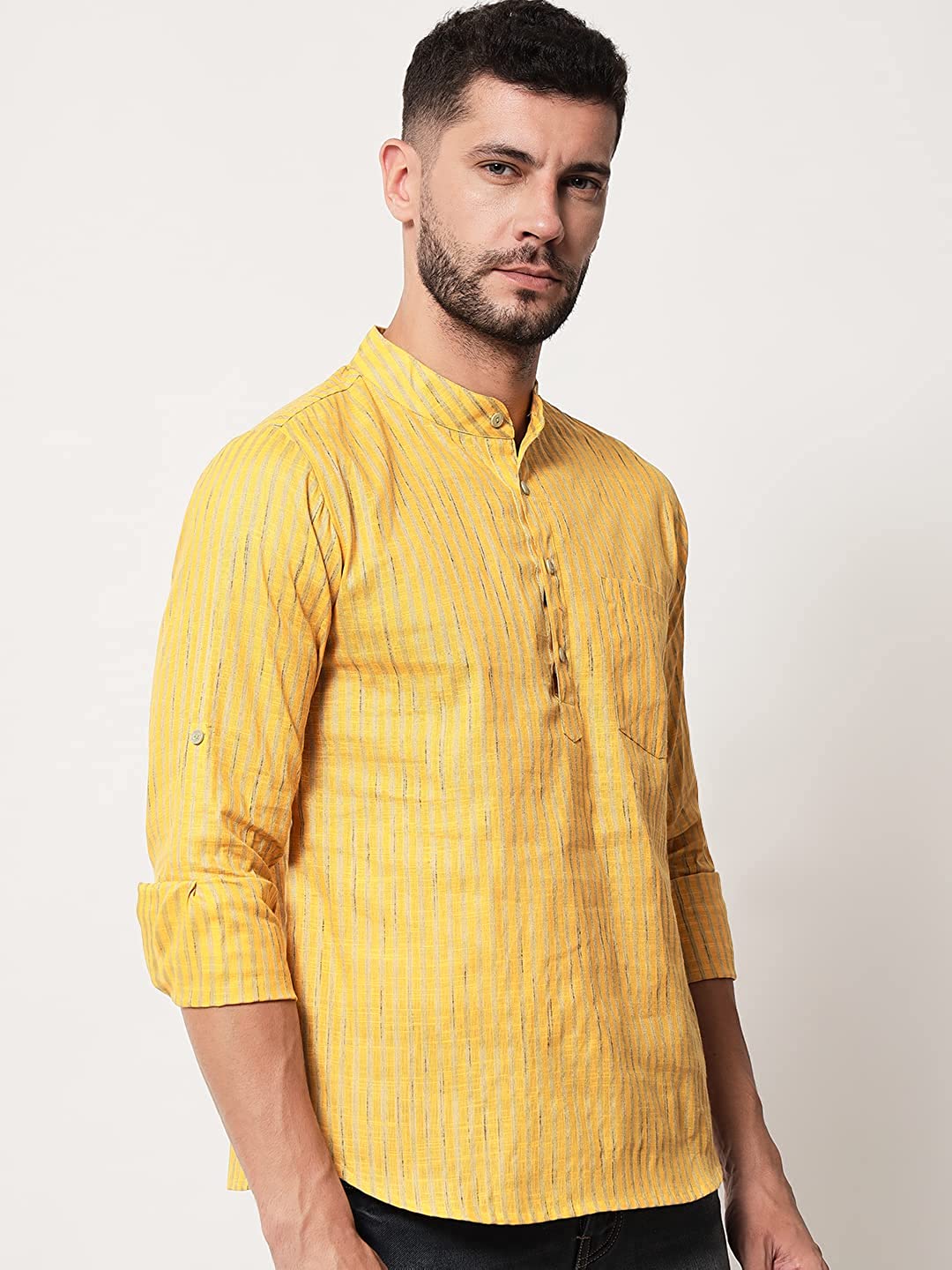 Vastraa Fusion Men's Gold Line Handloom Weaving Pure Cotton Short Kurta, Round Collar, Full Sleeves, Wooden Button Kurta, Ethnic Wear