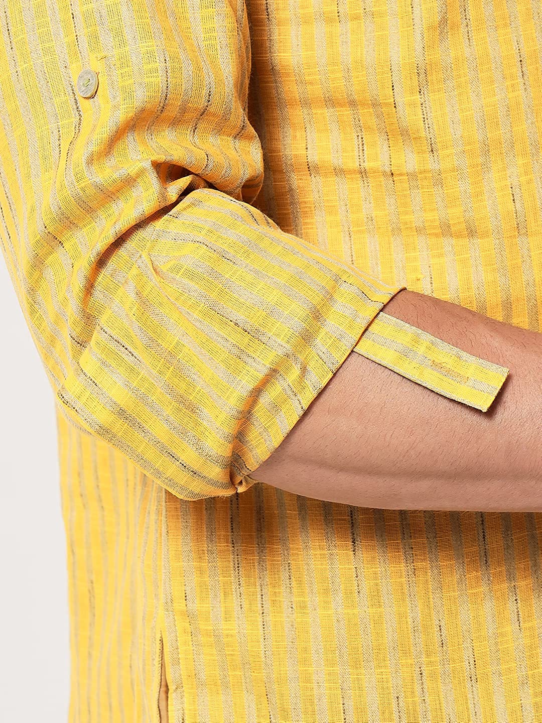 Vastraa Fusion Men's Gold Line Handloom Weaving Pure Cotton Short Kurta, Round Collar, Full Sleeves, Wooden Button Kurta, Ethnic Wear