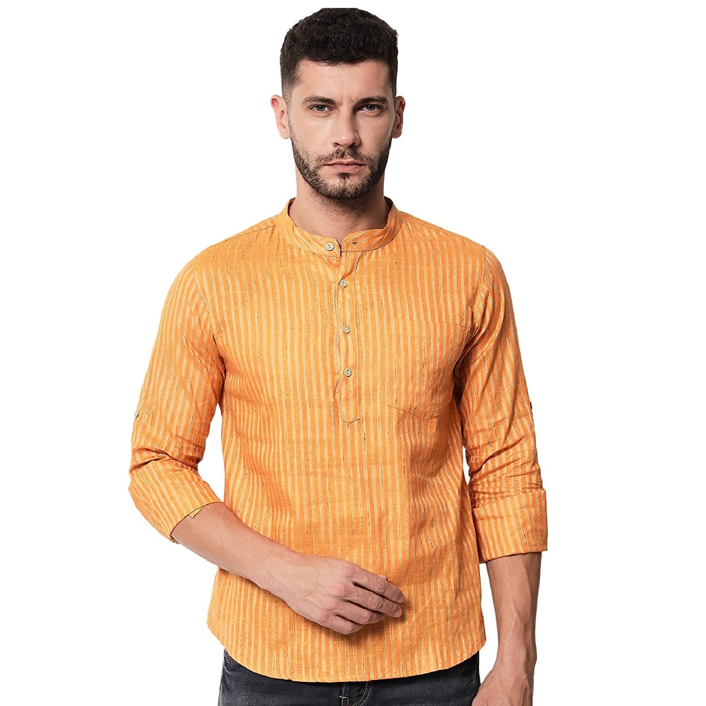 Vastraa Fusion Men's Gold Line Handloom Weaving Pure Cotton Short Kurta, Round Collar, Full Sleeves, Wooden Button Kurta, Ethnic Wear