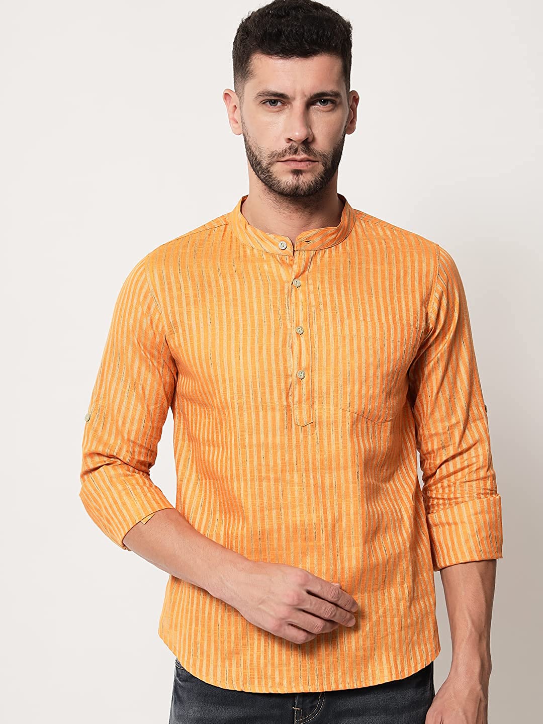 Vastraa Fusion Men's Gold Line Handloom Weaving Pure Cotton Short Kurta, Round Collar, Full Sleeves, Wooden Button Kurta, Ethnic Wear