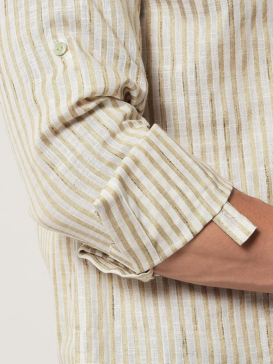 Vastraa Fusion Men's Gold Line Handloom Weaving Pure Cotton Short Kurta, Round Collar, Full Sleeves, Wooden Button Kurta, Ethnic Wear