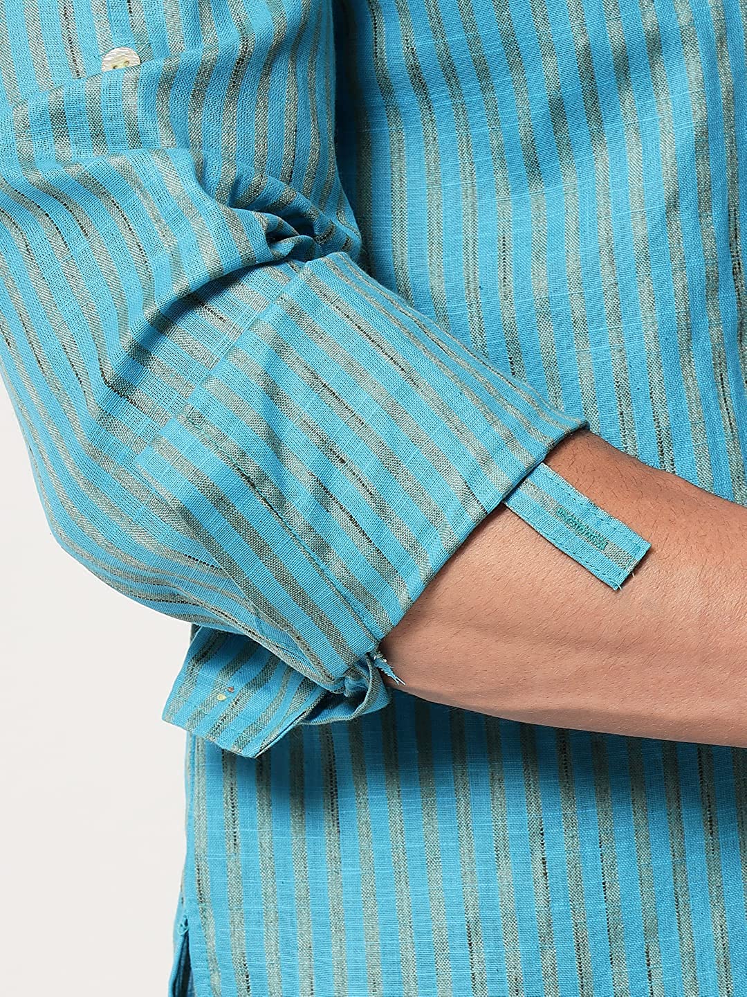 Vastraa Fusion Men's Gold Line Handloom Weaving Pure Cotton Short Kurta, Round Collar, Full Sleeves, Wooden Button Kurta, Ethnic Wear