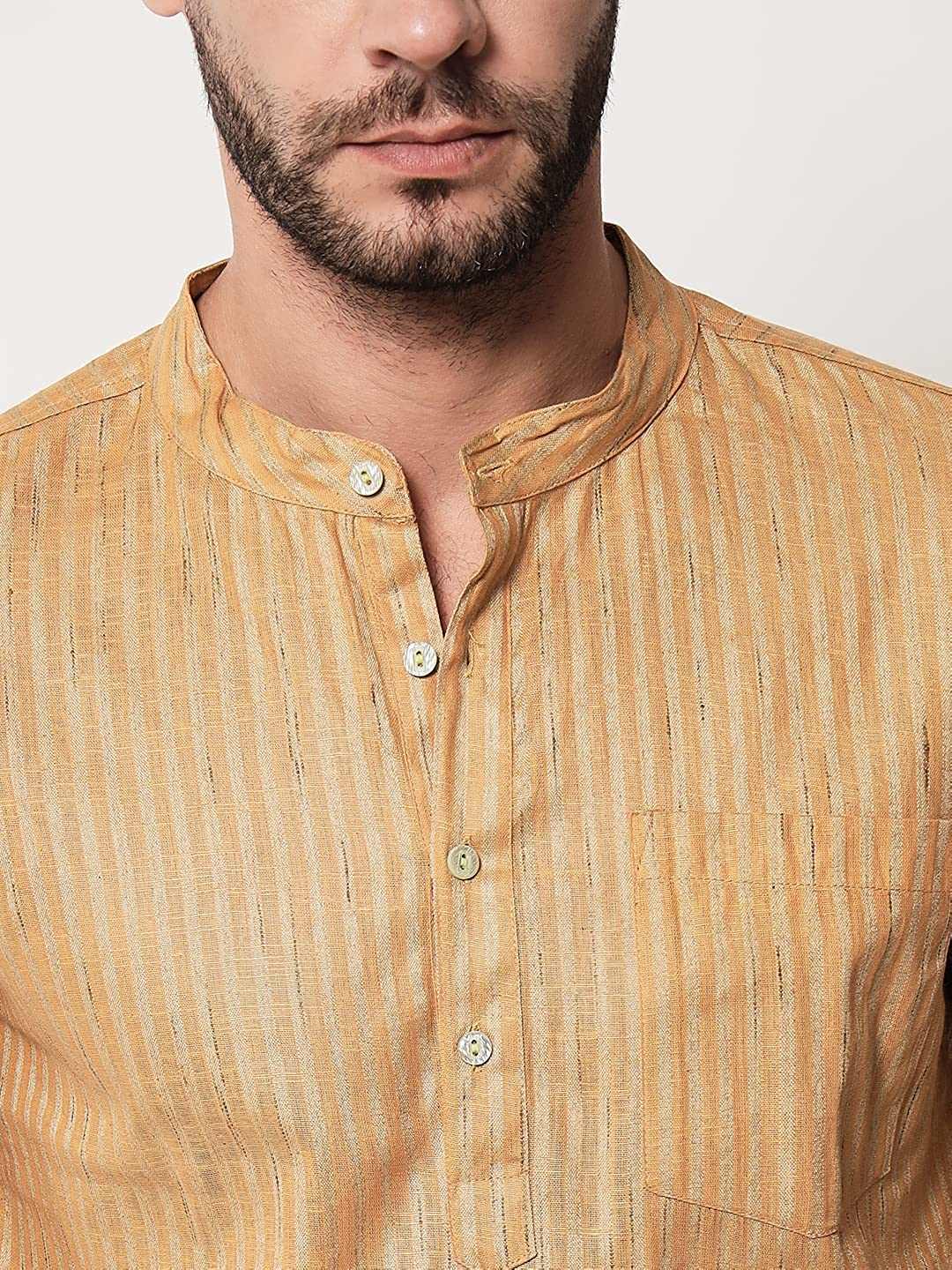 Vastraa Fusion Men's Gold Line Handloom Weaving Pure Cotton Short Kurta, Round Collar, Full Sleeves, Wooden Button Kurta, Ethnic Wear