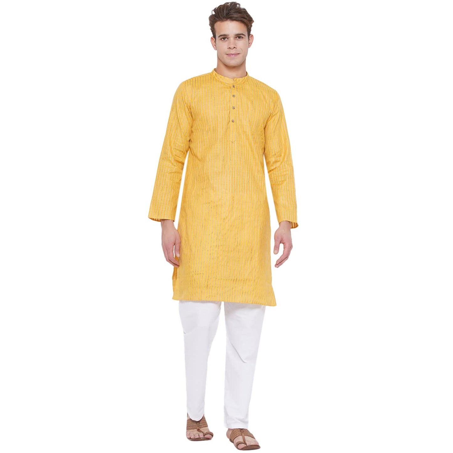 Vastraa Fusion Long Kurta For Men - South Cotton Golden Line Pattern Kurta