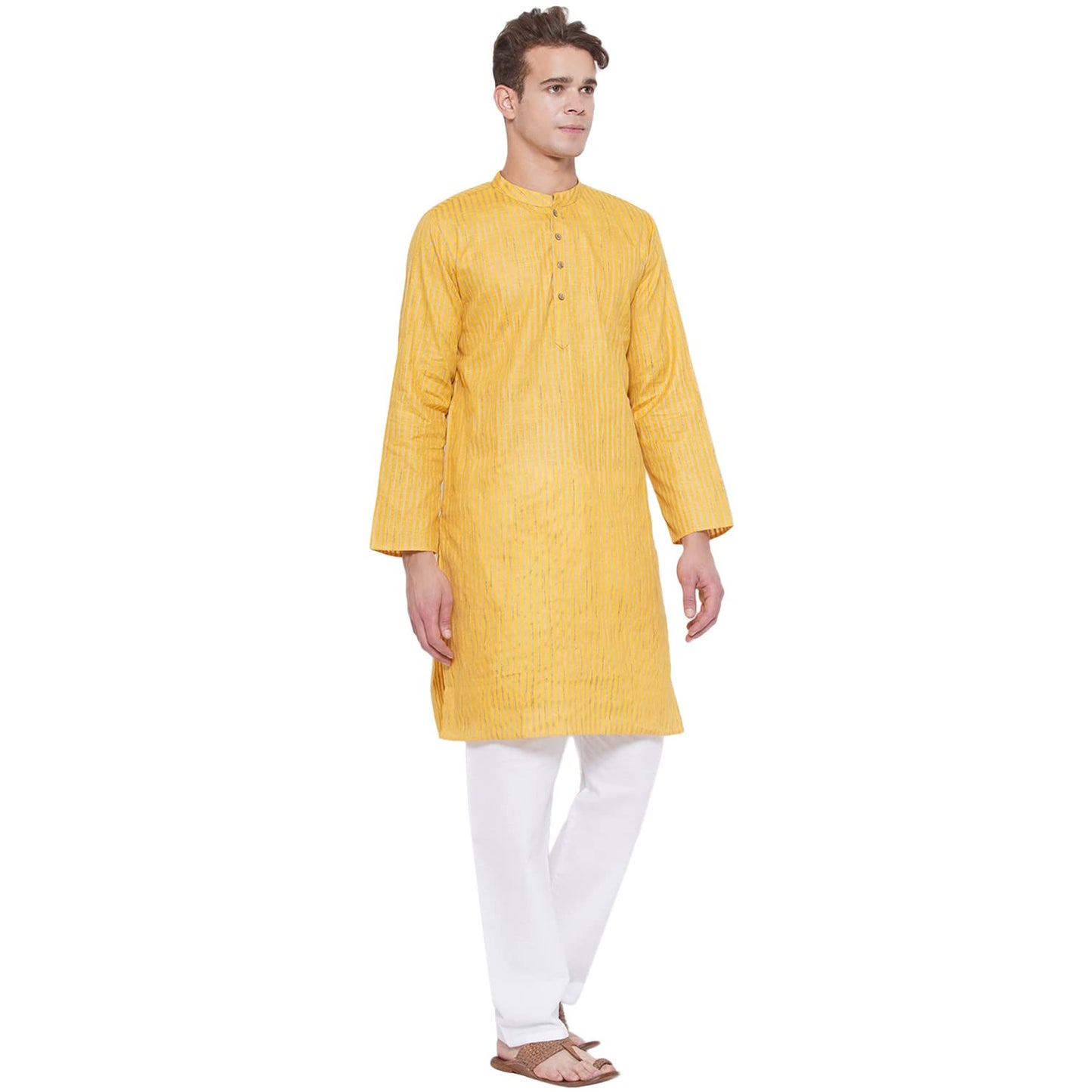 Vastraa Fusion Long Kurta For Men - South Cotton Golden Line Pattern Kurta