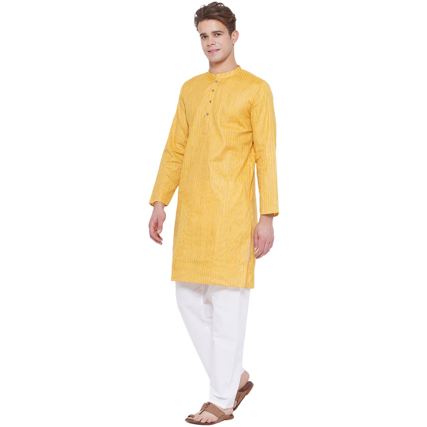 Vastraa Fusion Long Kurta For Men - South Cotton Golden Line Pattern Kurta