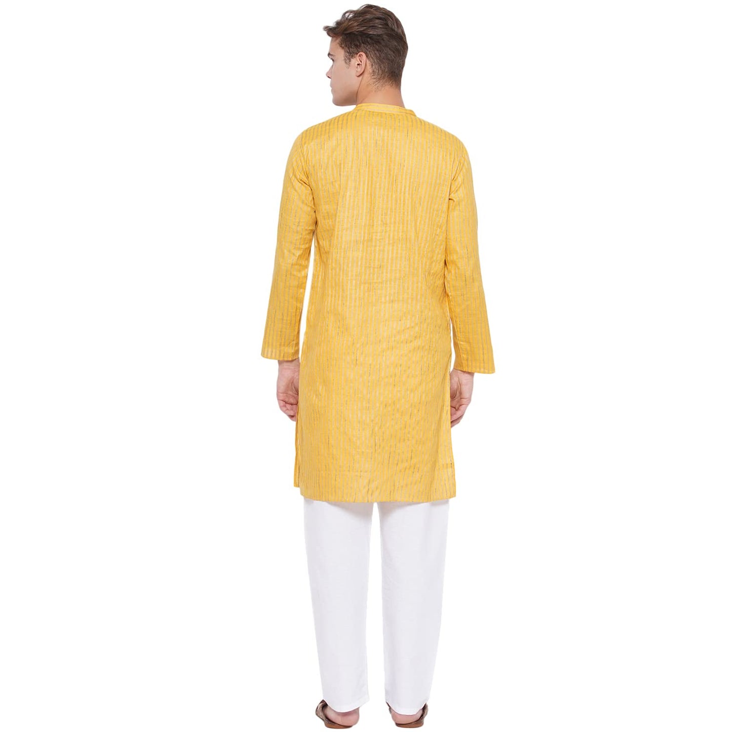 Vastraa Fusion Long Kurta For Men - South Cotton Golden Line Pattern Kurta